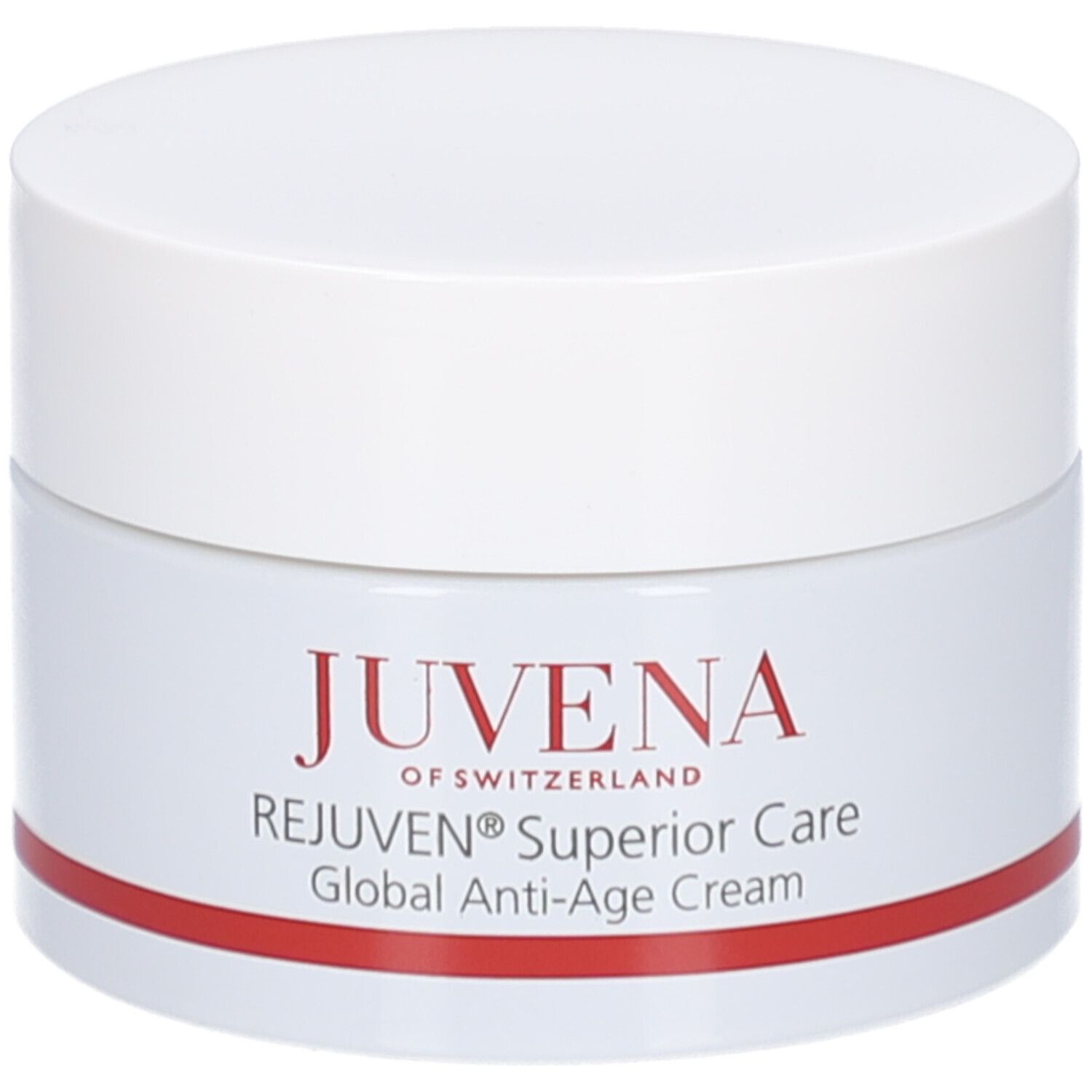 Pot de crème blanc avec couvercle. Inscription: JUVENA, REJUVEN® Superior Care, Global Anti-Age Cream. Bande rouge.