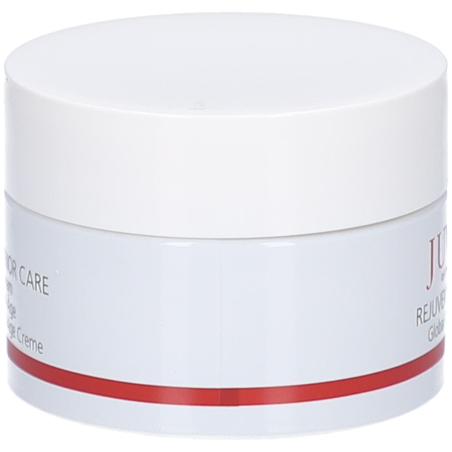 Pot de crème blanc avec couvercle. Inscription: JUVENA, REJUVEN® Superior Care. Bande rouge.