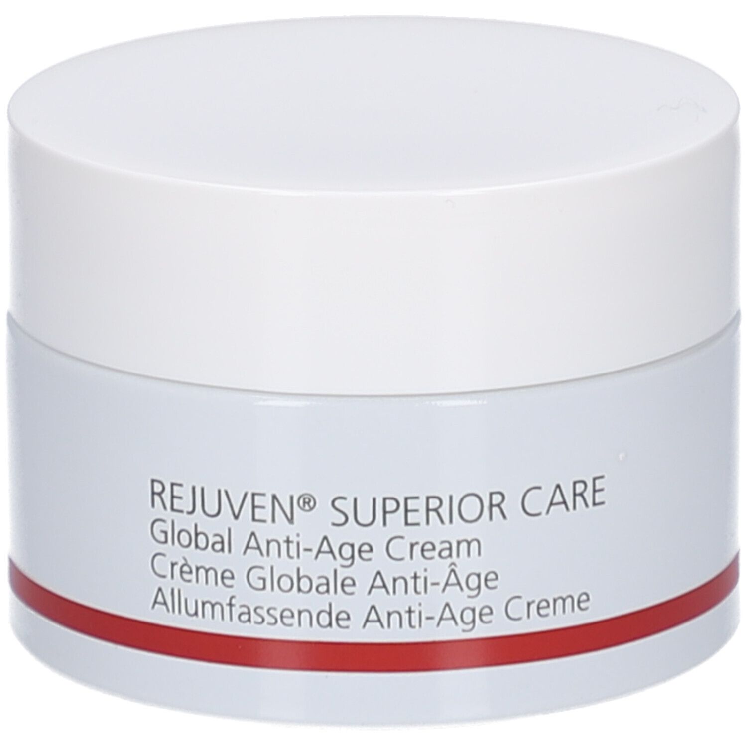 Pot de crème blanc avec couvercle. Inscription: REJUVEN® Superior Care, Global Anti-Age Cream. Bande rouge.