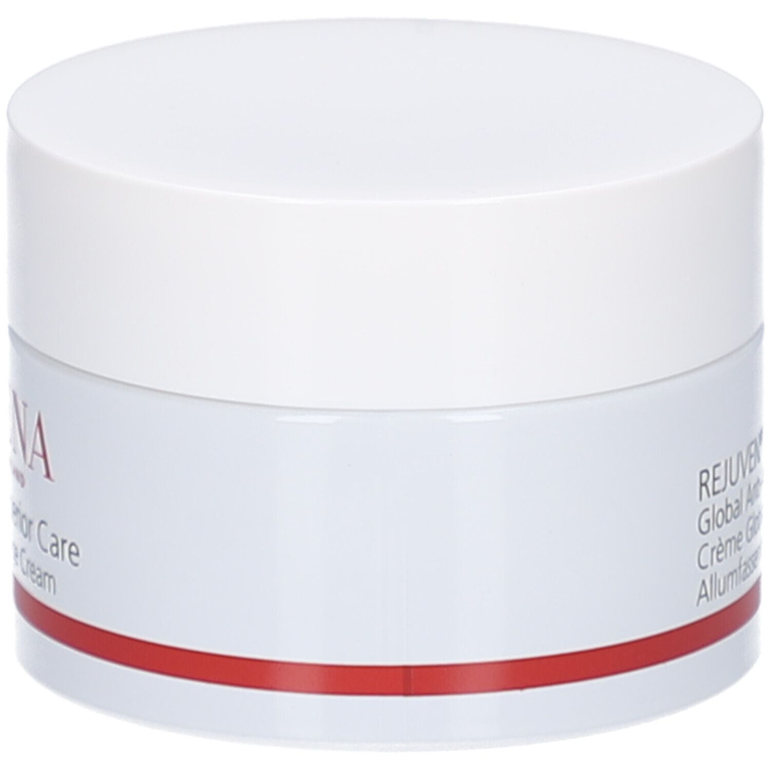 Pot de crème blanc avec couvercle. Inscription: REJUVEN® Superior Care, Global Anti-Age Cream. Bande rouge.