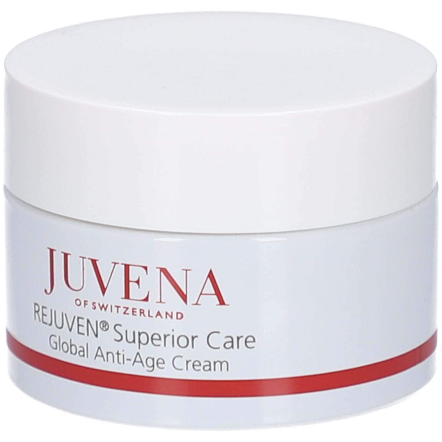 Pot de crème blanc avec couvercle. Inscription: JUVENA, REJUVEN® Superior Care, Global Anti-Age Cream. Bande rouge.
