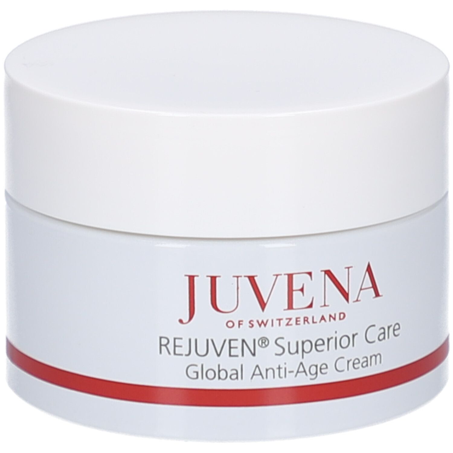Pot de crème blanc avec couvercle. Inscription: JUVENA, REJUVEN® Superior Care, Global Anti-Age Cream. Bande rouge.