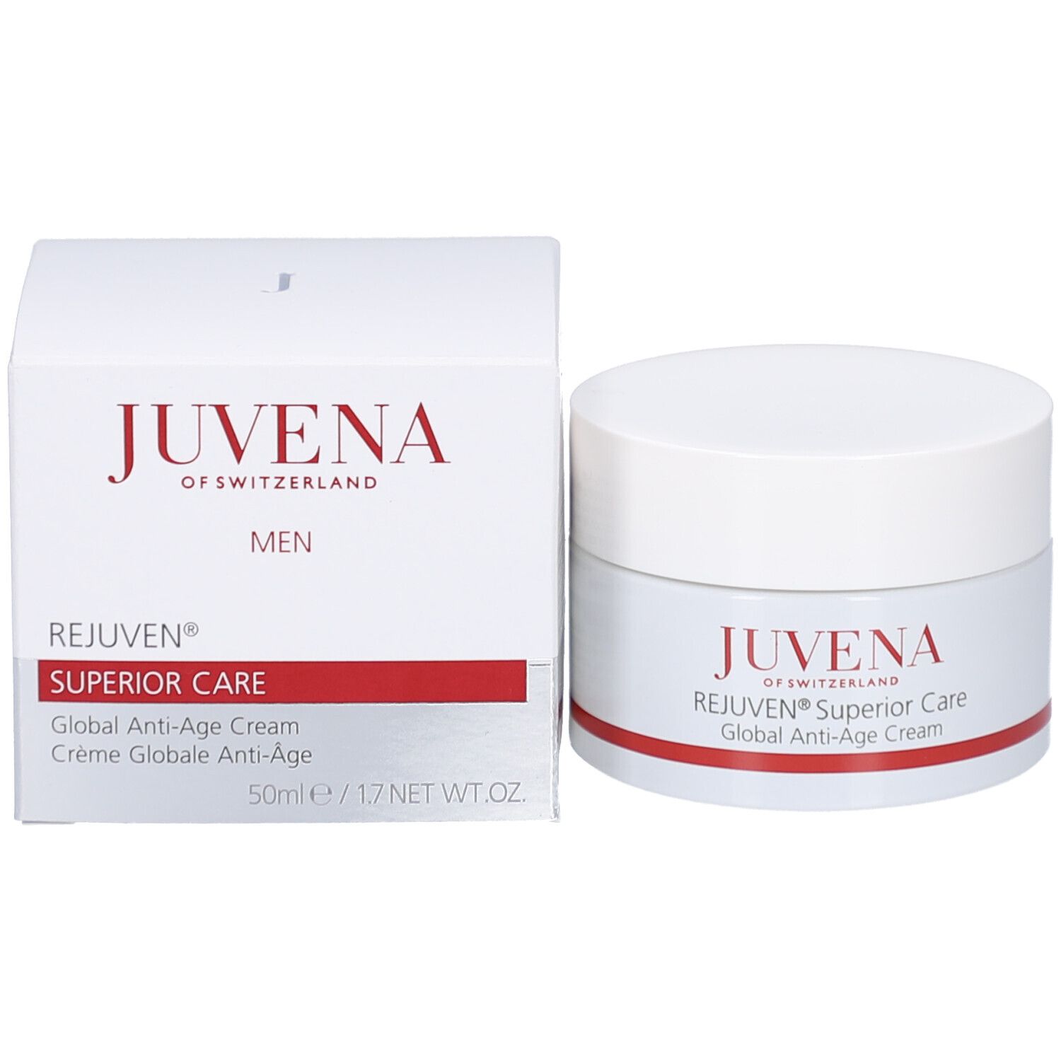 Pot de crème blanc avec couvercle. Inscription: JUVENA, REJUVEN® Superior Care, Global Anti-Age Cream. Bande rouge.