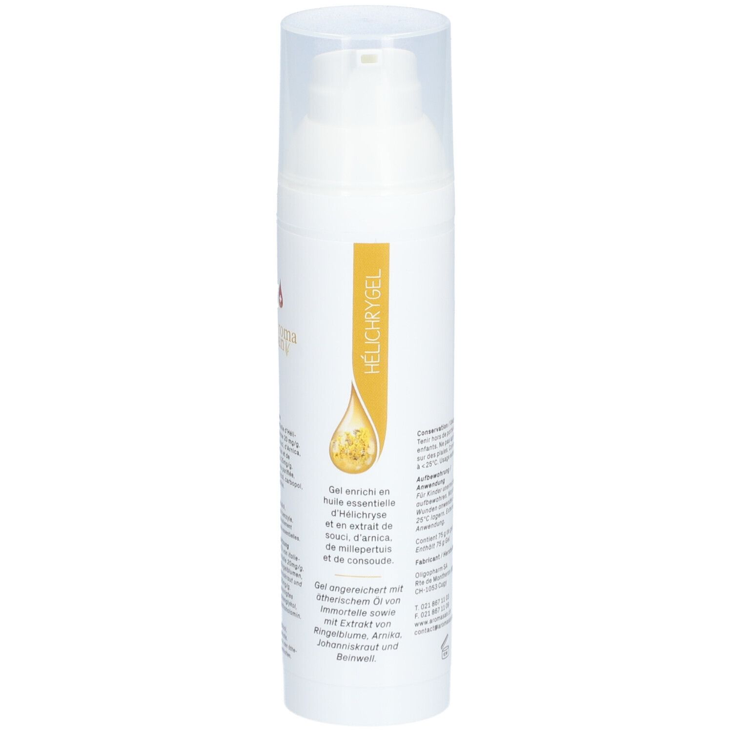 Flacon blanc avec pompe. Gel à l'huile d'hélichryse. Inscription: HÉLICHRYGEL. Gel enrichi en huile essentielle.