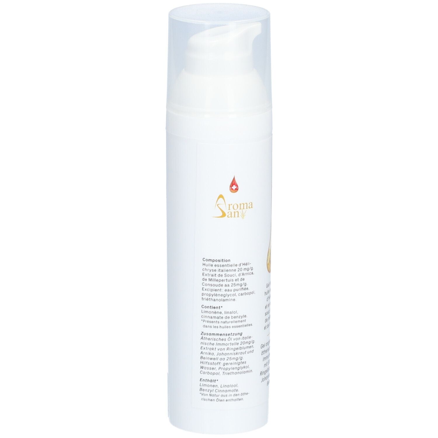 Flacon blanc avec pompe. Inscription: Aroma San. Gel à l'huile d'hélichryse. Texte sur le côté.