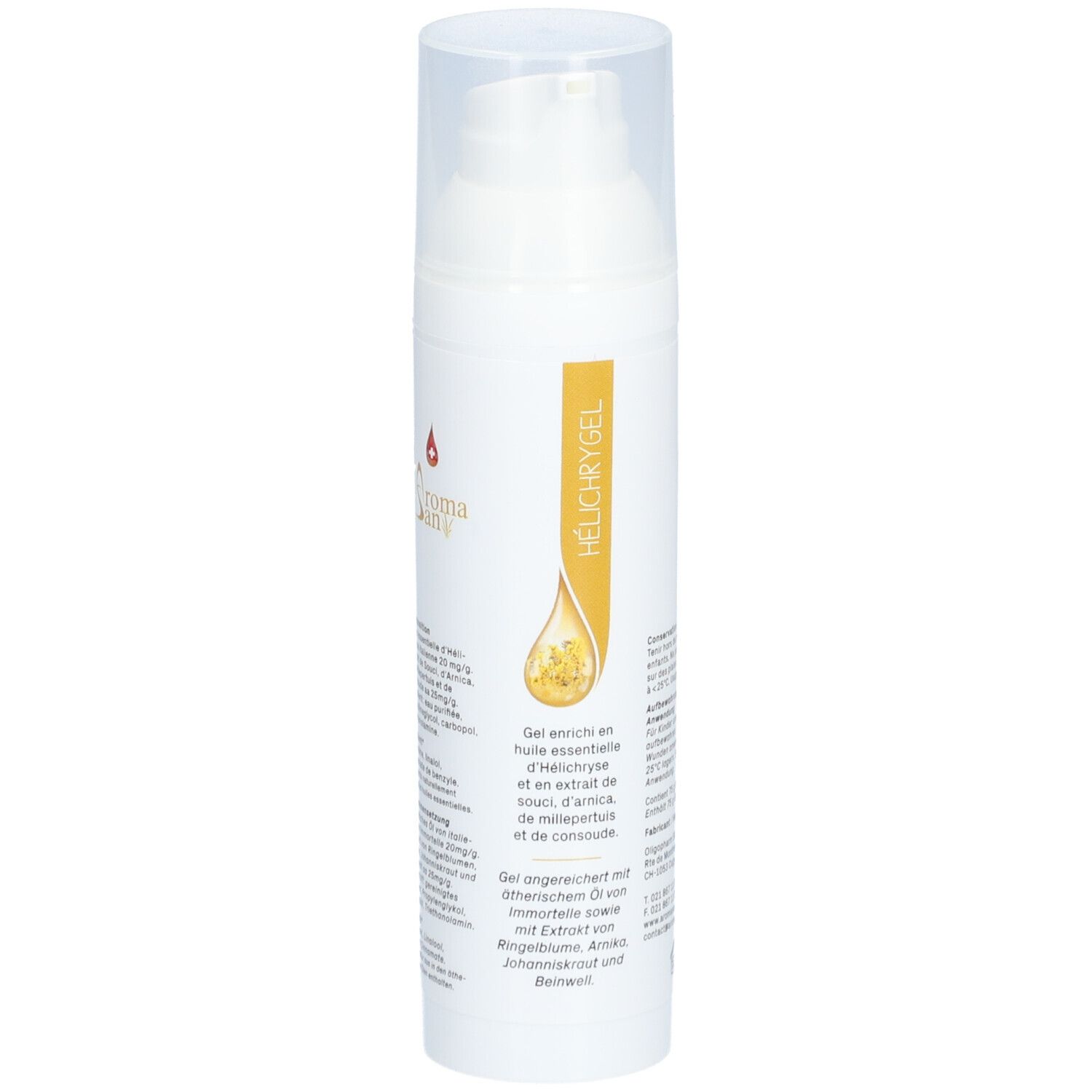 Flacon blanc avec pompe. Inscription: Aroma San, HÉLICHRYGEL. Gel à l'huile d'hélichryse. Texte sur le côté.