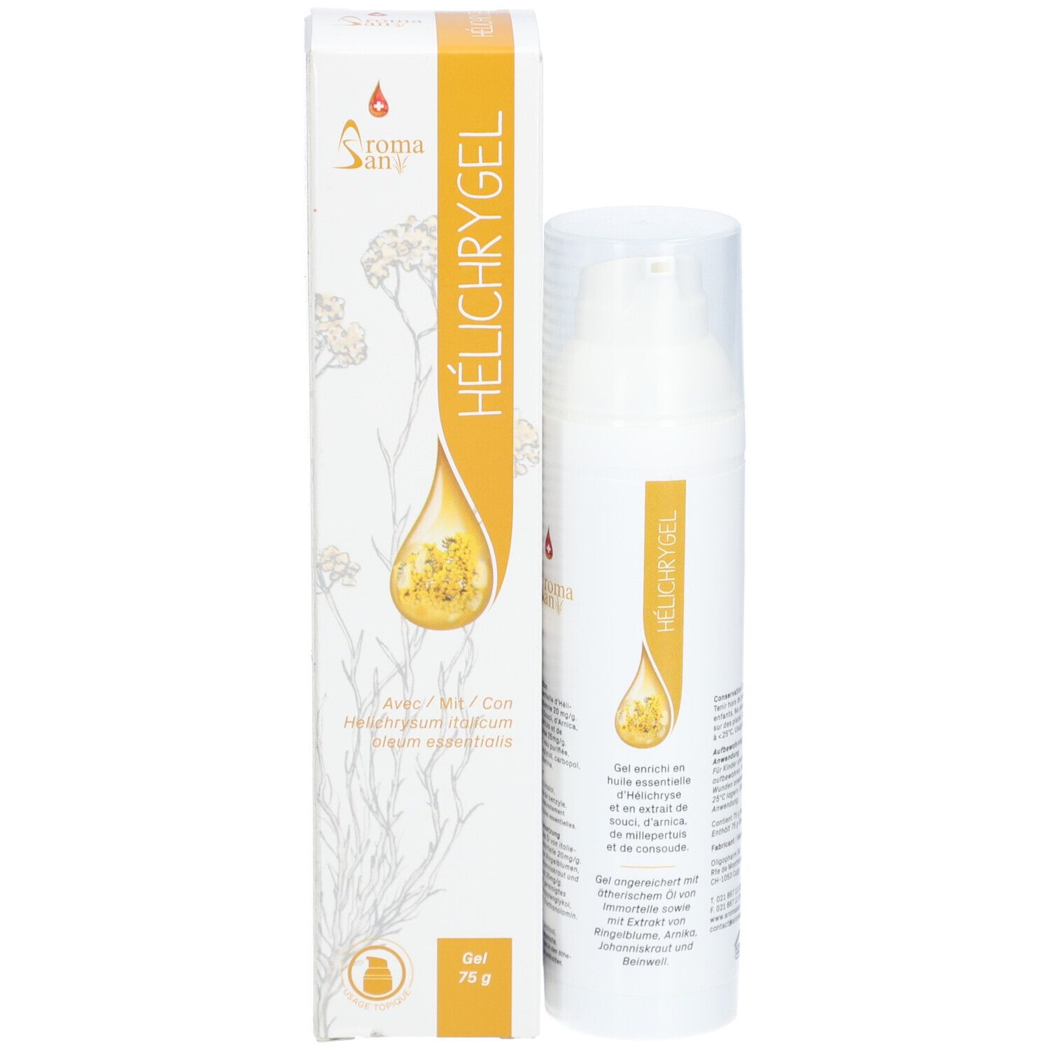 Emballage du produit avec flacon. Inscription: Aroma San, HÉLICHRYGEL. Gel à l'huile d'hélichryse. 75 g.