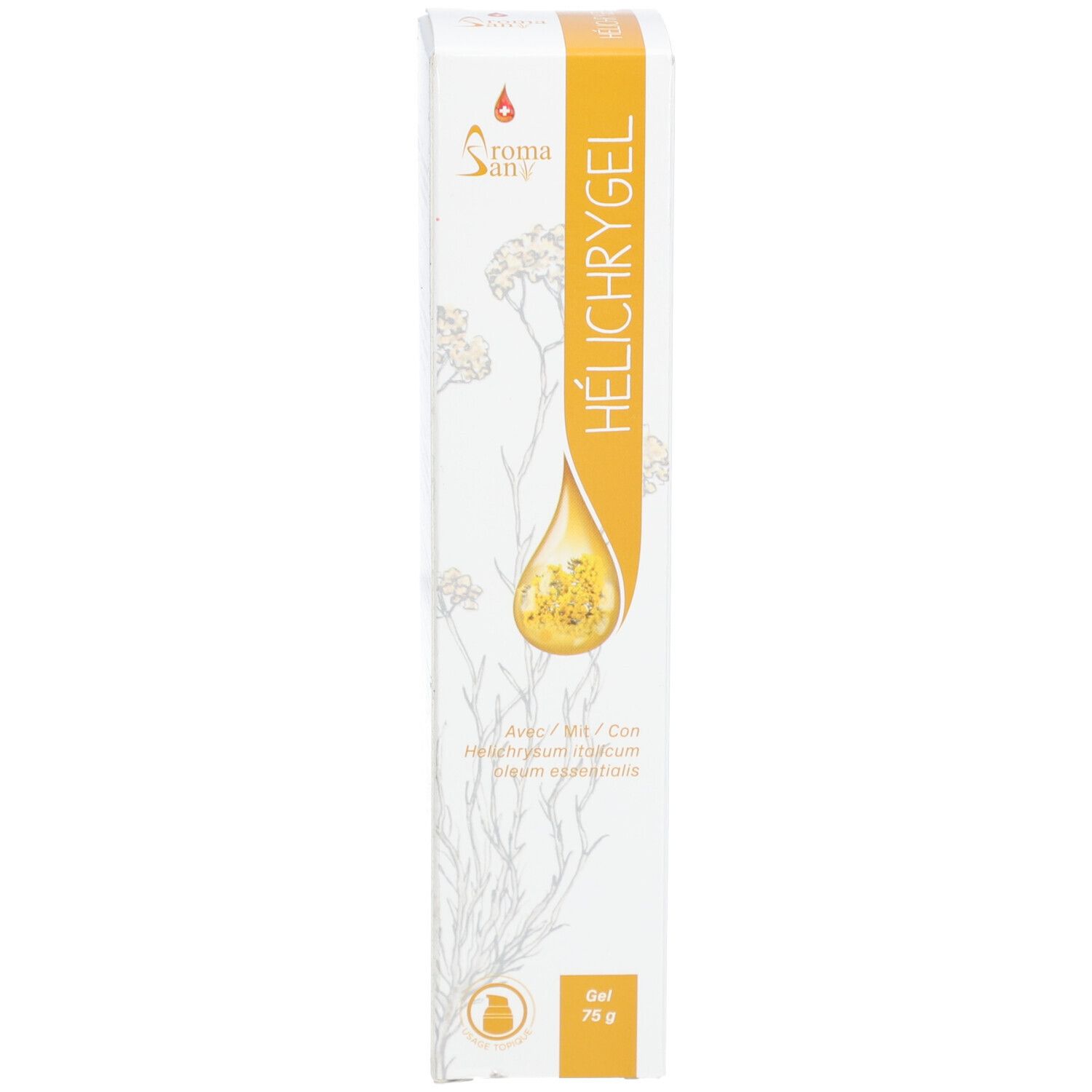 Emballage du produit. Inscription: Aroma San, HÉLICHRYGEL. Gel à l'huile d'hélichryse. 75 g.