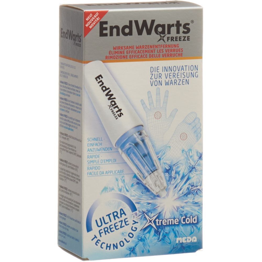Verpakking van EndWarts FREEZE. Bevat een bevriezingsmiddel. Tekst in het Duits, Frans, Italiaans en Nederlands. Bevat een afbeelding van het product.