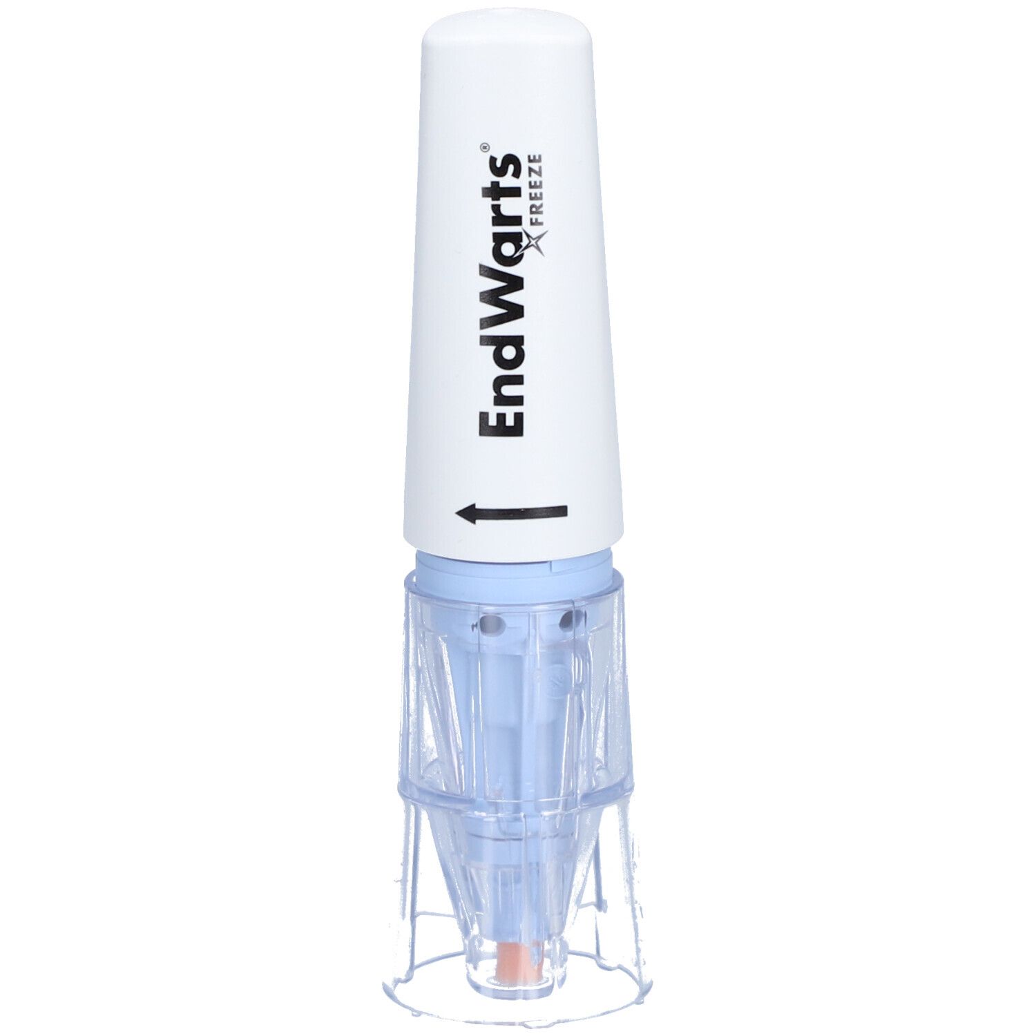 Agent de cryothérapie EndWarts FREEZE. Récipient blanc avec applicateur bleu. Base transparente. Flèche indiquant la direction.