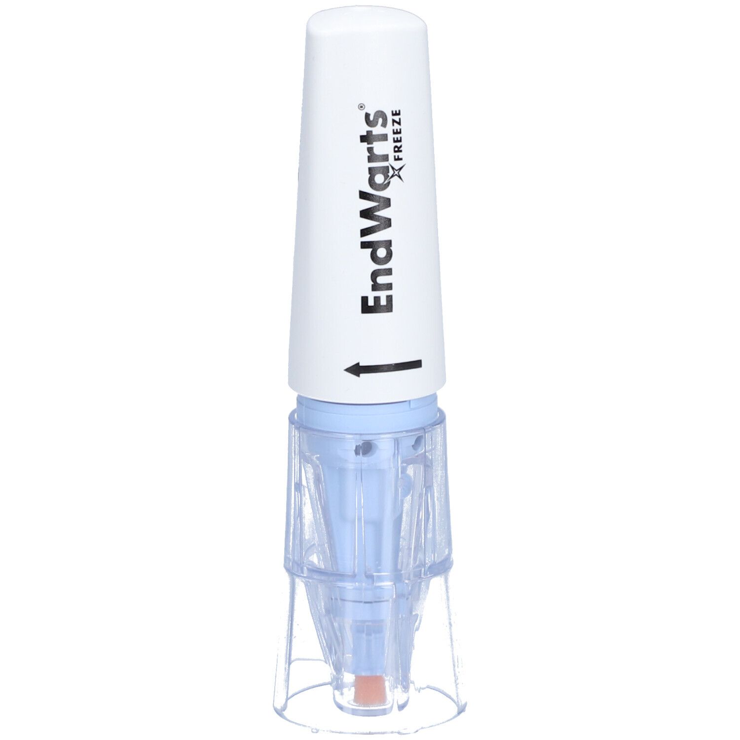 Agent de cryothérapie EndWarts FREEZE. Récipient blanc avec applicateur bleu. Base transparente. Flèche indiquant la direction.