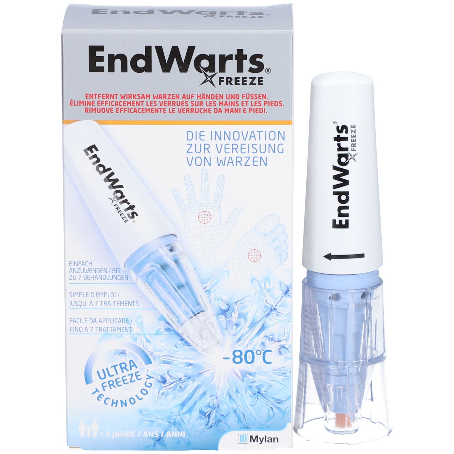 Emballage et produit EndWarts FREEZE. Récipient blanc avec applicateur bleu. Base transparente. Emballage avec texte et illustrations.