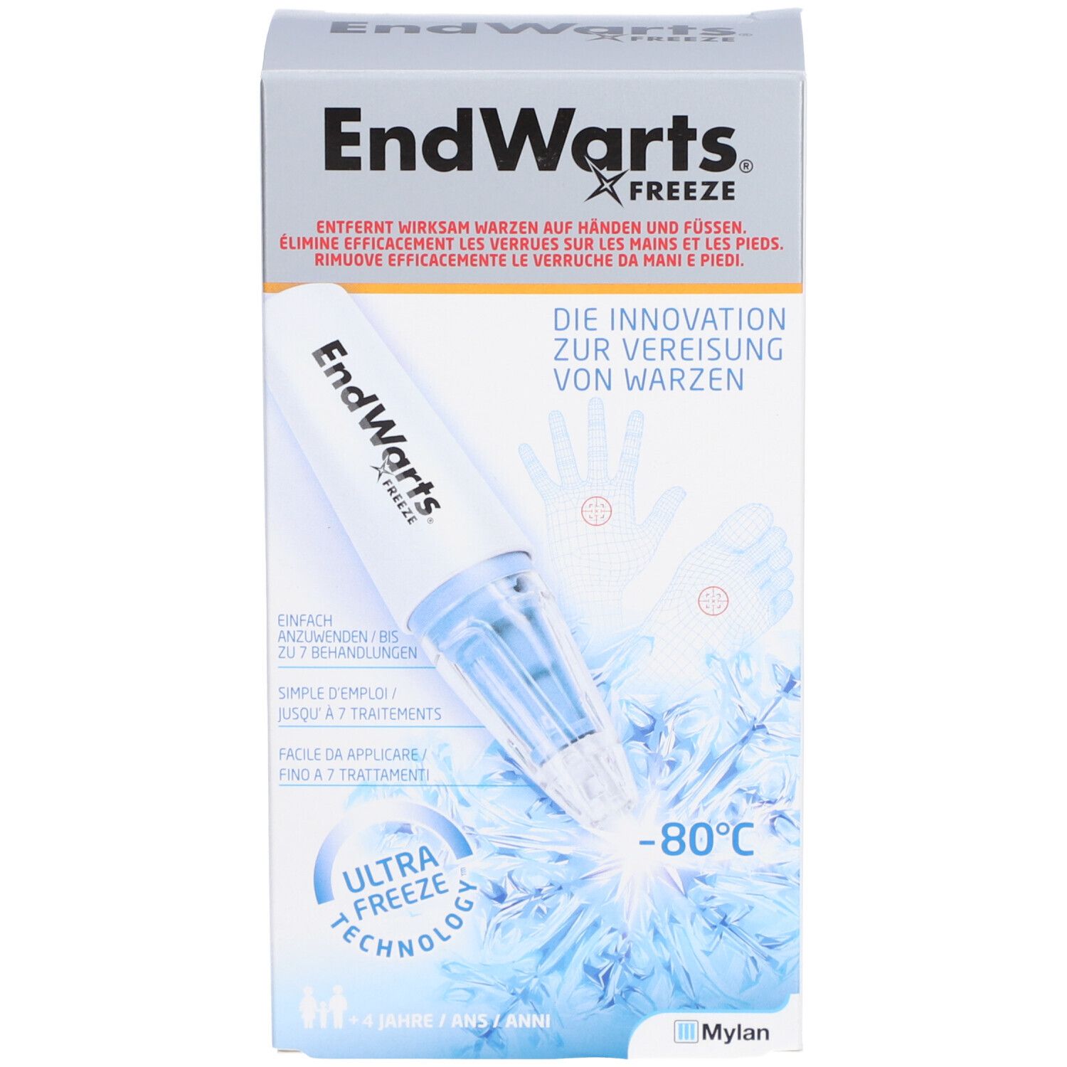 Emballage EndWarts FREEZE. Texte et illustrations. Contient un agent de cryothérapie. Récipient blanc avec applicateur bleu. Base transparente.
