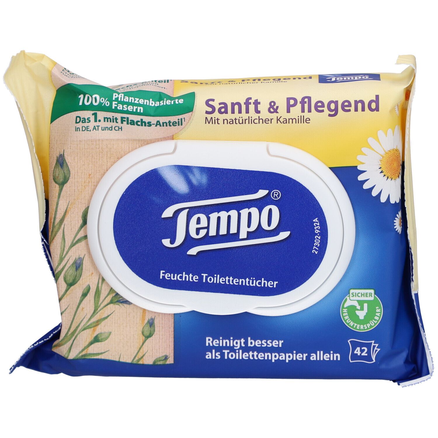 Paquet de papier toilette humide. Logo "Tempo", texte "Sanft & Pflegend". 42 lingettes. Avec camomille. Label "Sicher".
