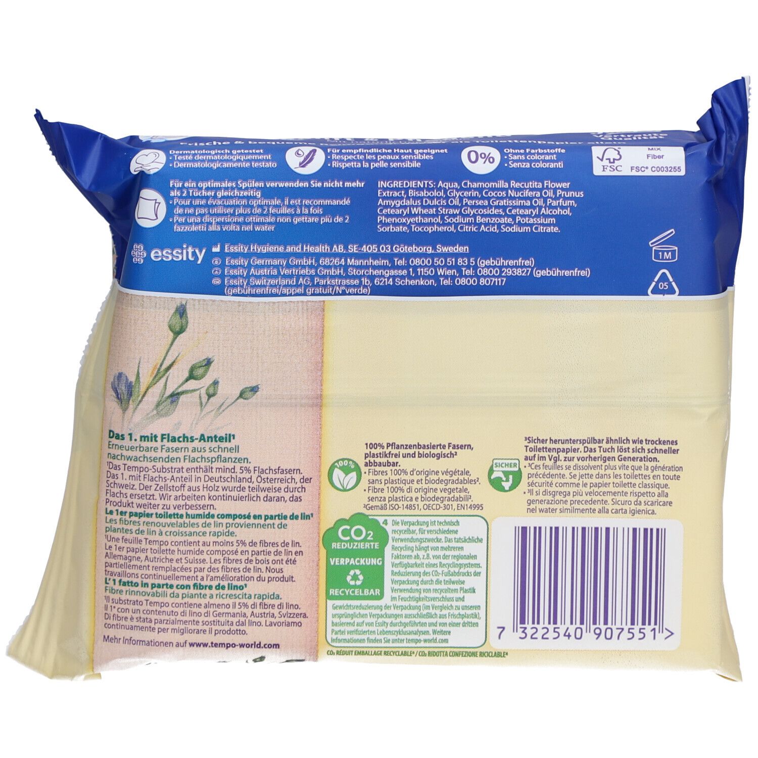 Dos du paquet de papier toilette humide. Texte, ingrédients, symbole de recyclage, label FSC. 100% végétal.