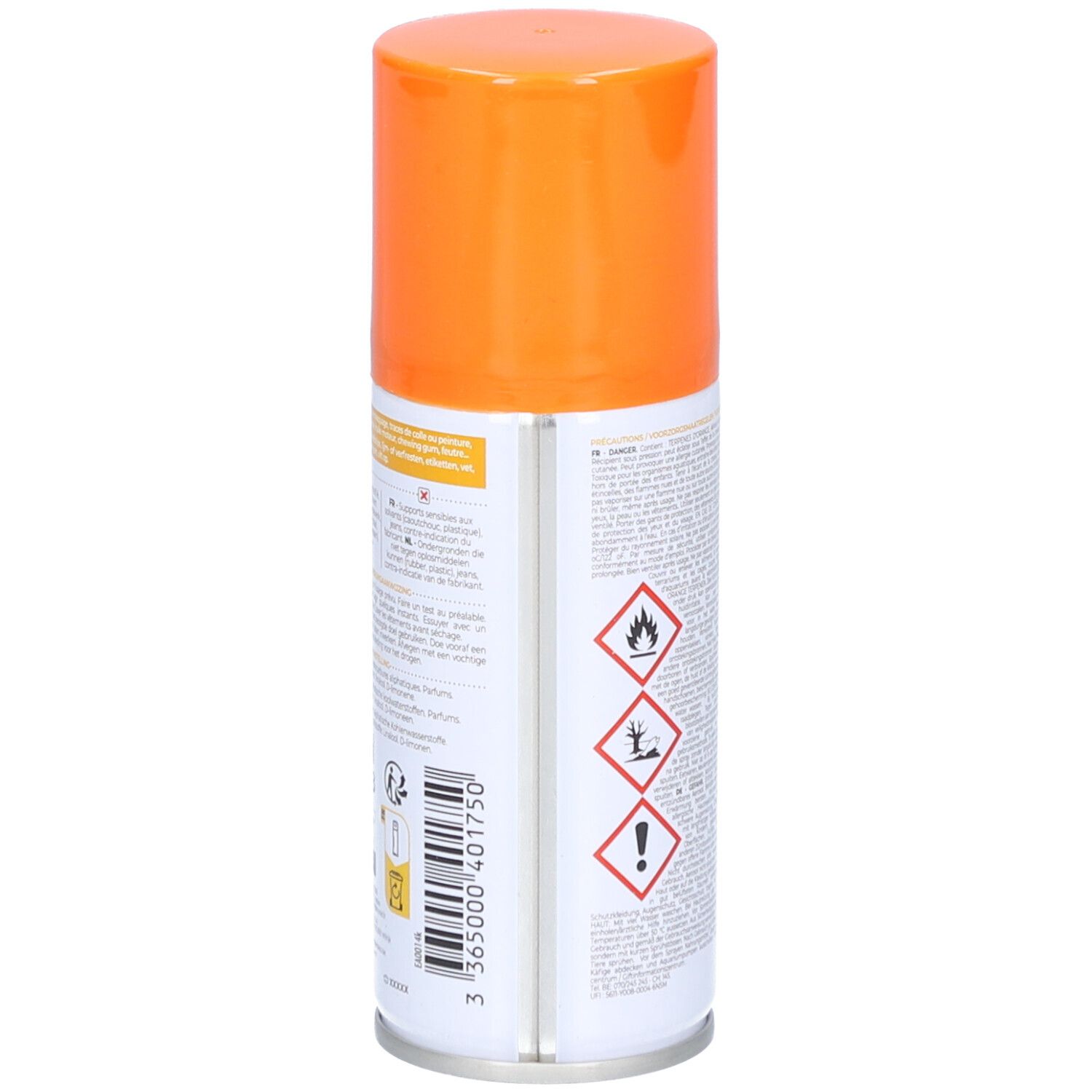 Bombe aérosol orange. Pictogrammes de danger et texte.