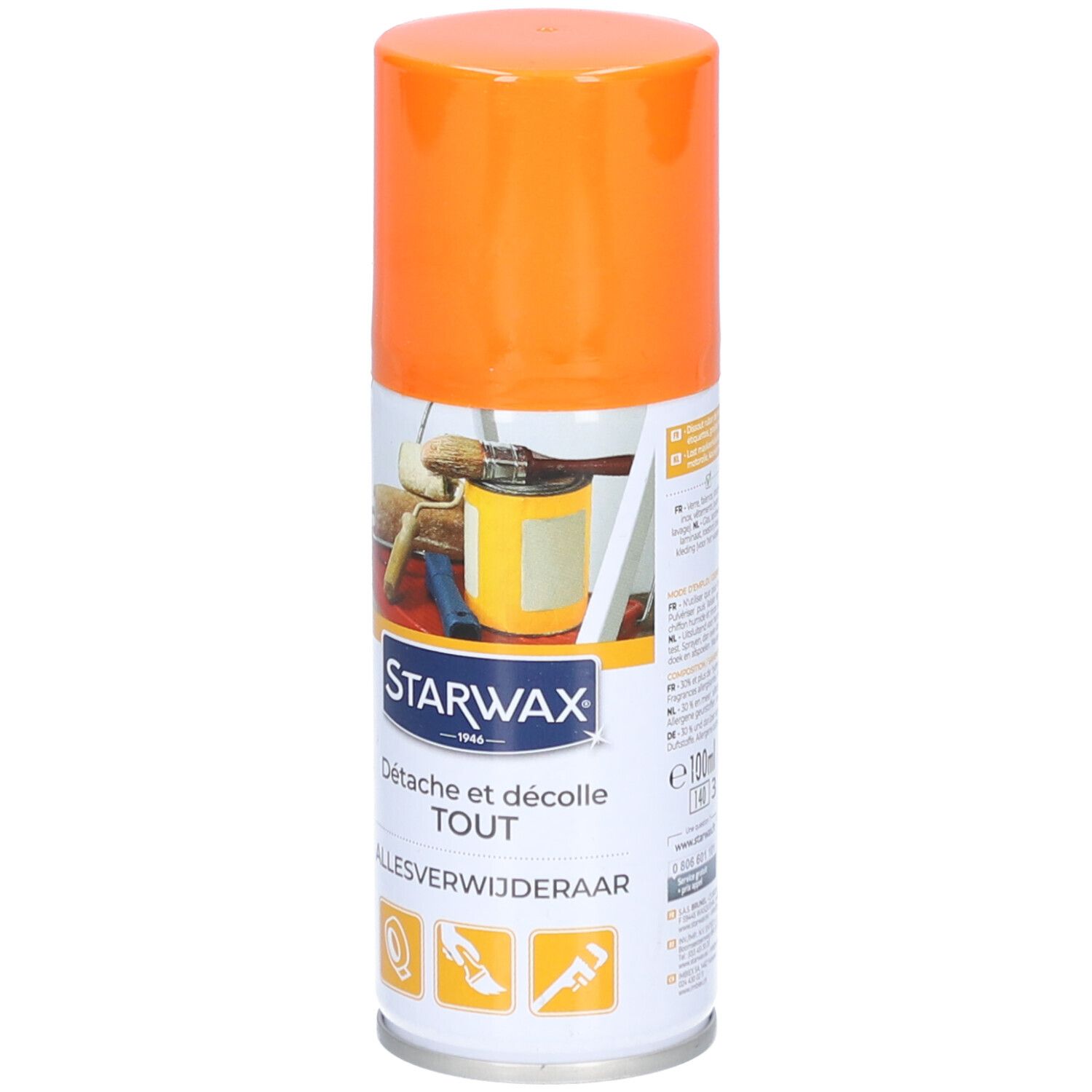 Bombe aérosol orange. Inscriptions STARWAX, Détache et décolle TOUT, Allesverwijderaar. Indication de volume.