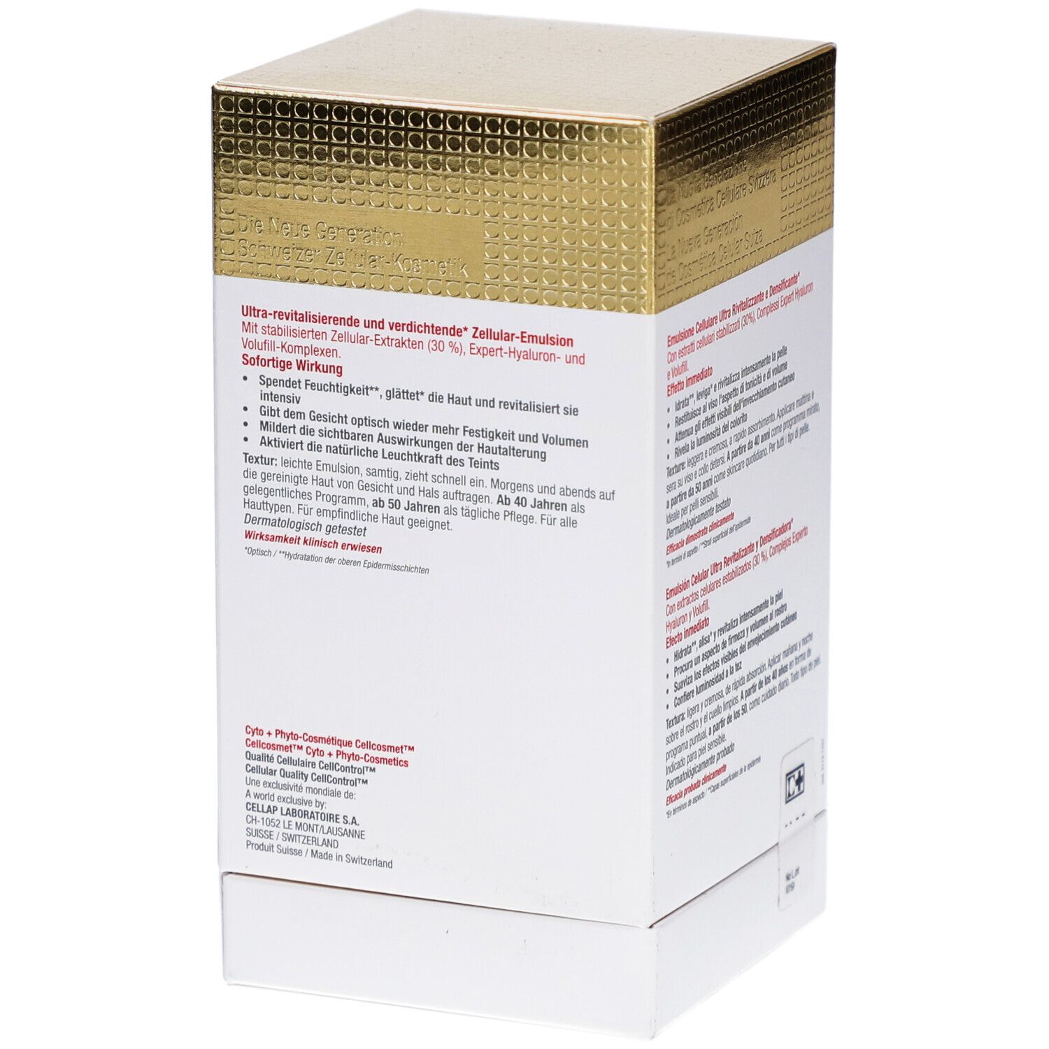 Dos de la boîte Cellcosmet CellLift Cream Light. Texte en allemand, français, anglais. Informations produit.