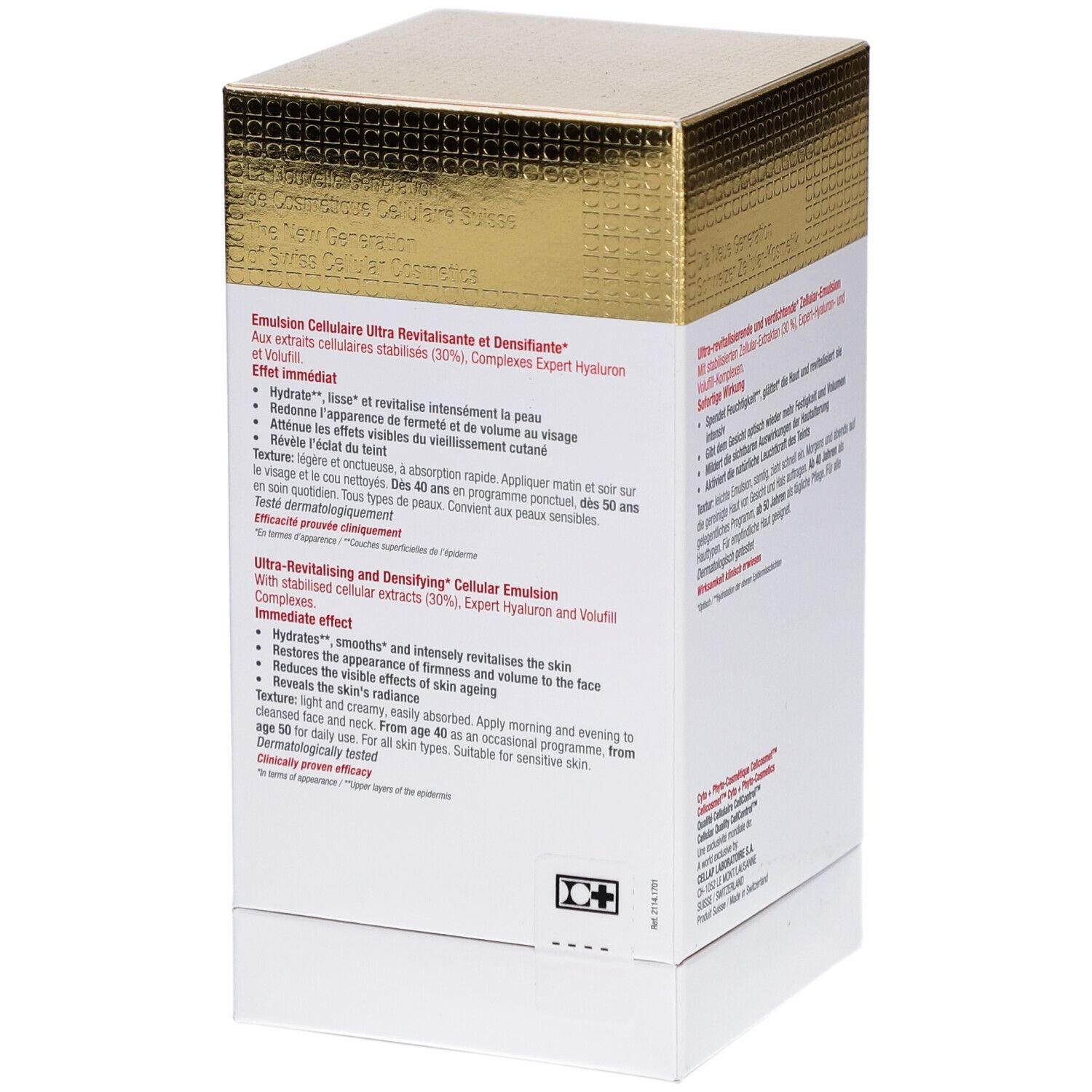 Dos de la boîte Cellcosmet CellLift Cream Light. Texte en allemand, français, anglais. Informations produit.