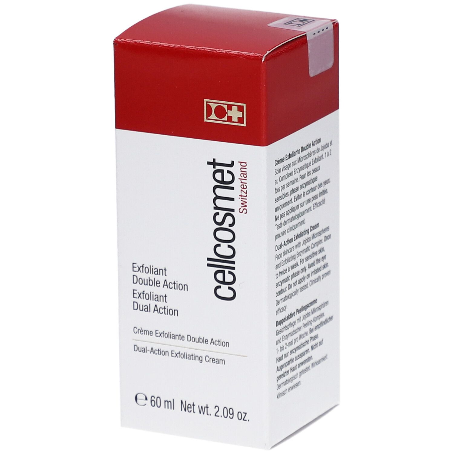 Cellcosmet Exfoliant Double Action. Boîte blanche et rouge. Nom et logo du produit. 60 ml. Croix suisse.