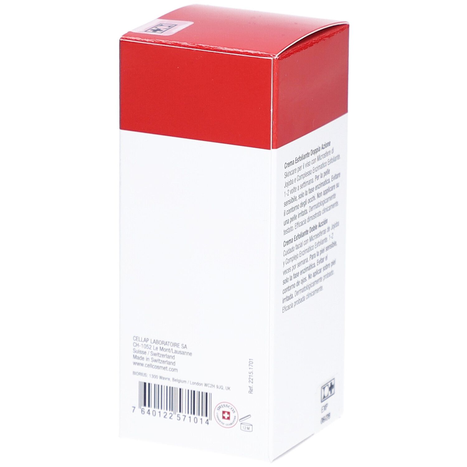 Cellcosmet Exfoliant Double Action. Boîte blanche et rouge. Informations produit. Croix suisse. Adresse du fabricant.