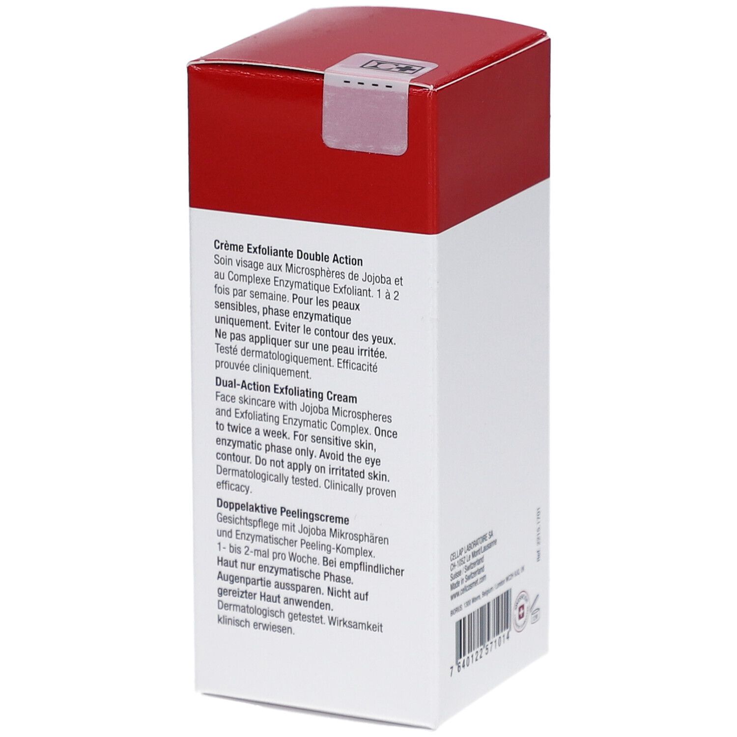 Cellcosmet Exfoliant Double Action. Boîte blanche et rouge. Informations produit en français et anglais. Croix suisse.