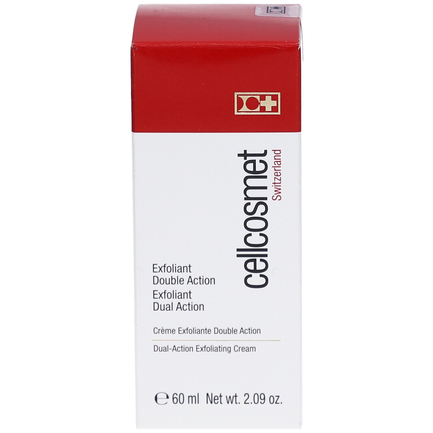 Cellcosmet Exfoliant Double Action. Boîte blanche et rouge. Nom et logo du produit. 60 ml. Croix suisse.