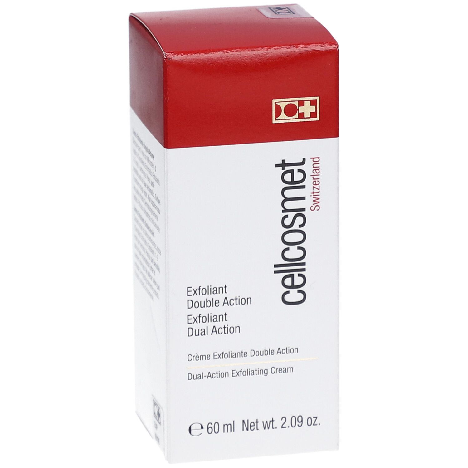 Cellcosmet Exfoliant Double Action. Boîte blanche et rouge. Nom et logo du produit. 60 ml. Croix suisse.