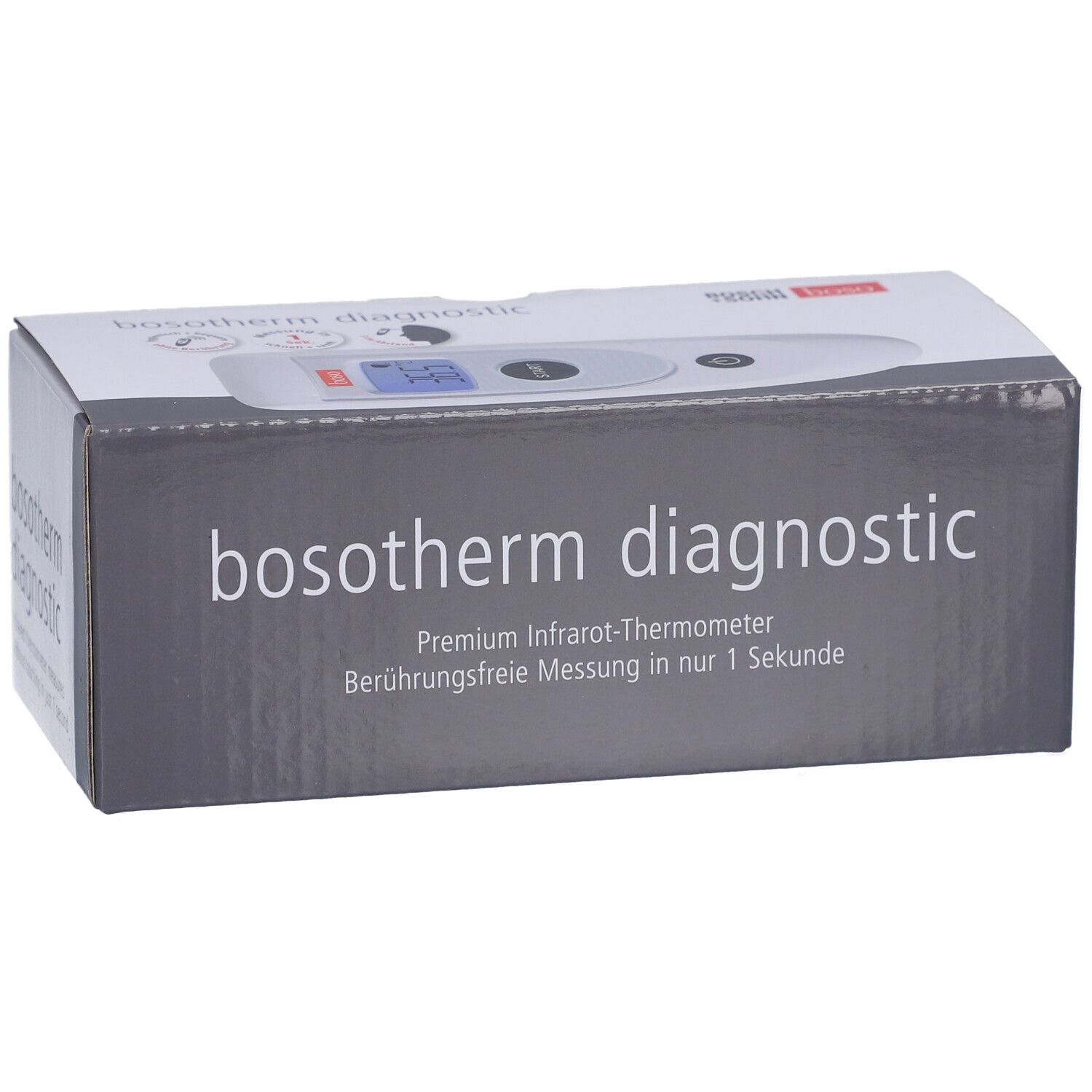 Emballage d'un thermomètre infrarouge sans contact avec l'inscription 'bosotherm diagnostic'.