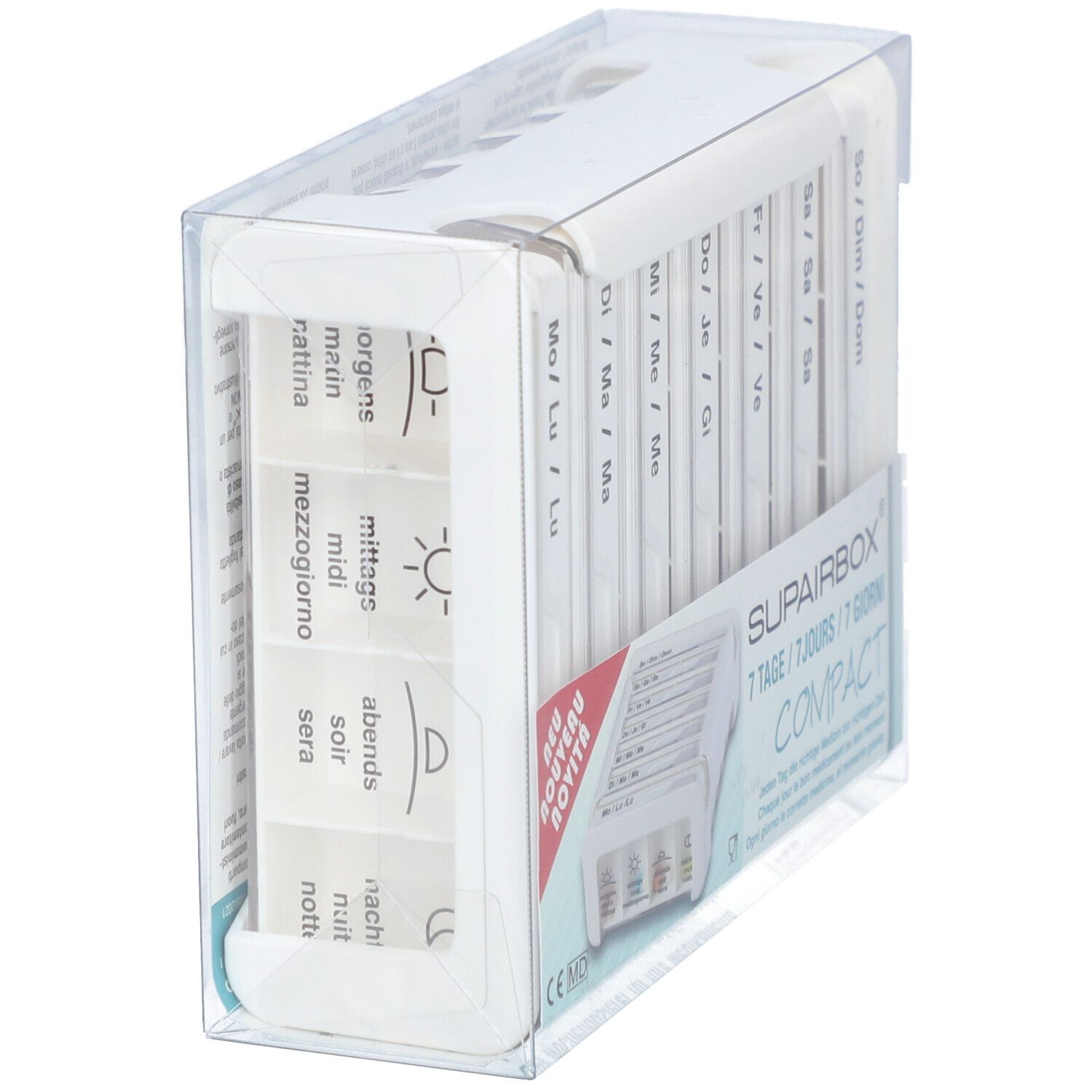 Pillenbox-organizer met zeven compartimenten, gelabeld met tijden en weekdagen. In transparante verpakking. Opschrift: SUPAIRBOX Compact.