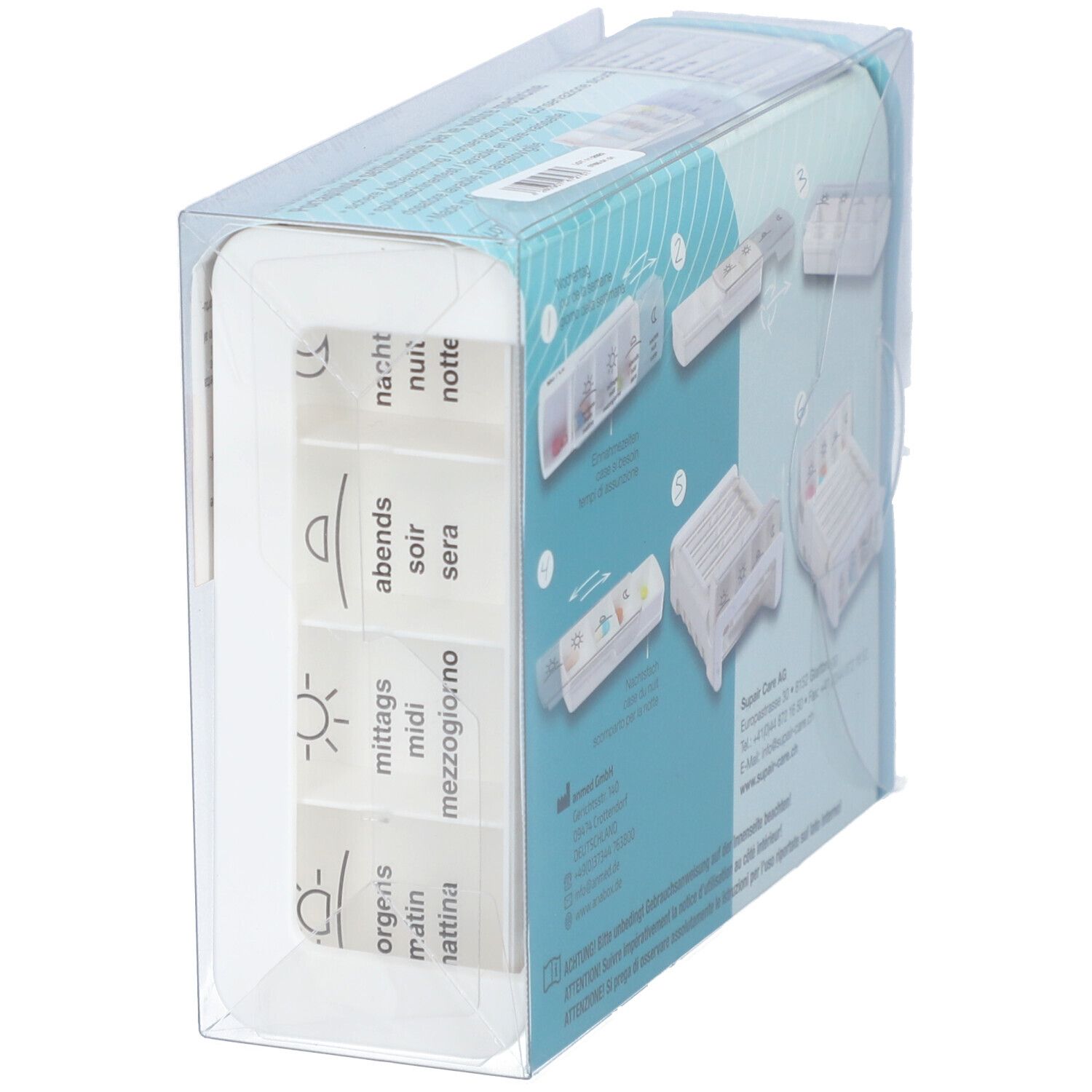 Pillenbox-organizer met zeven compartimenten, gelabeld met tijden en weekdagen. In transparante verpakking. Opschrift: SUPAIRBOX Compact.