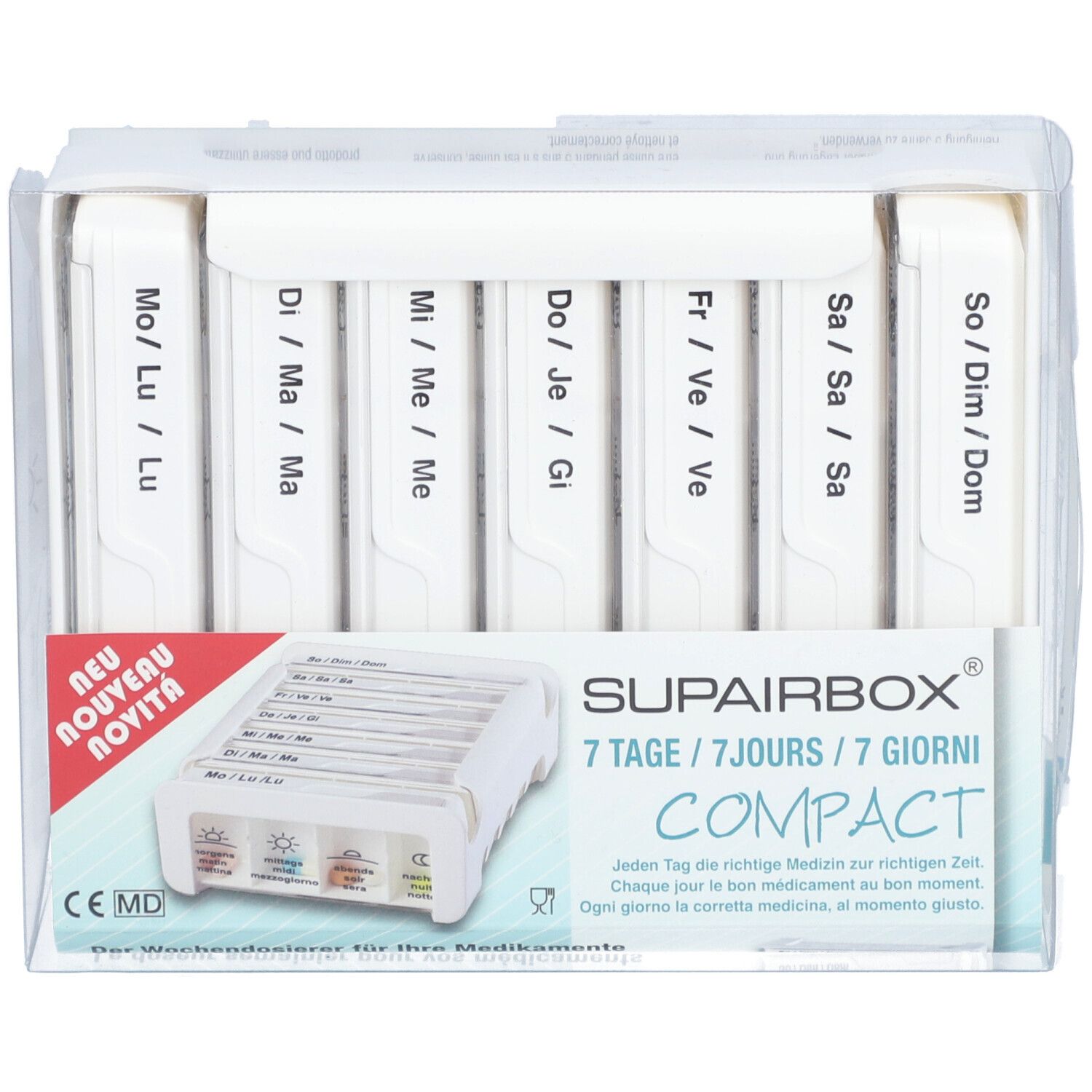Witte pillenbox-organizer met zeven aparte compartimenten, gelabeld met weekdagen. In transparante verpakking. Opschrift: SUPAIRBOX Compact.