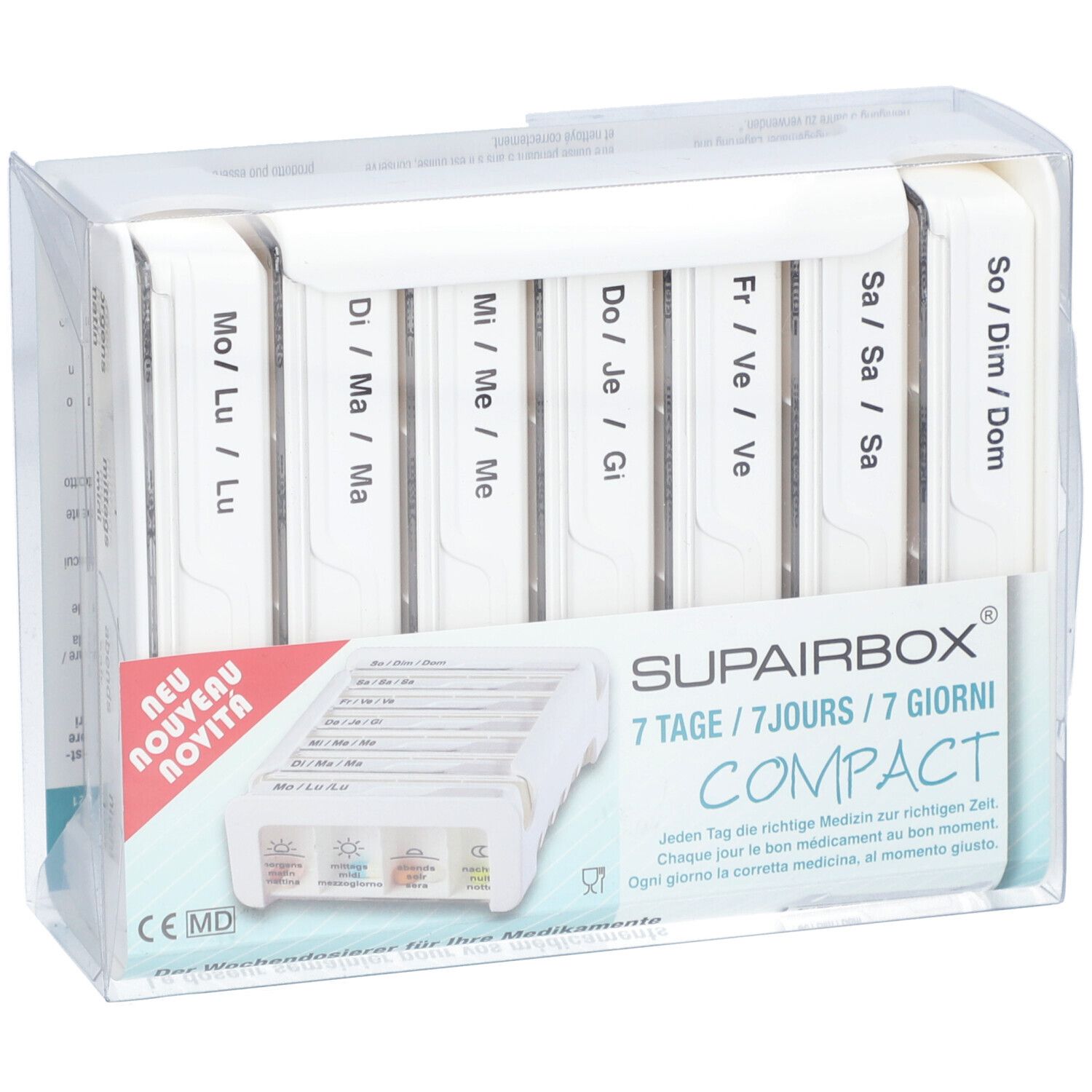 Witte pillenbox-organizer met zeven aparte compartimenten, gelabeld met weekdagen. In transparante verpakking. Opschrift: SUPAIRBOX Compact.