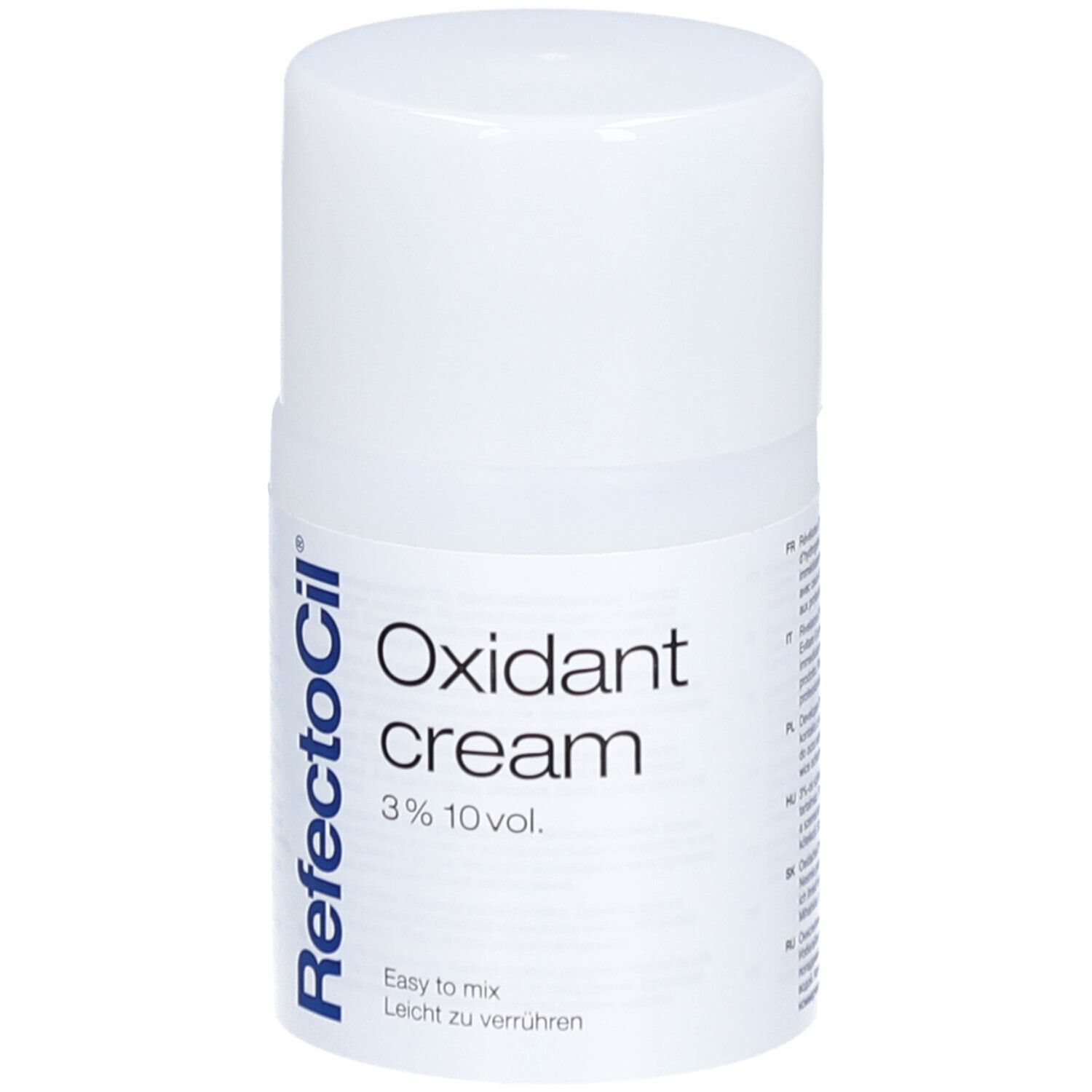 Witte fles met productnaam. Tekst: Oxidant cream 3% 10 vol. Logo RefectoCil in blauw.