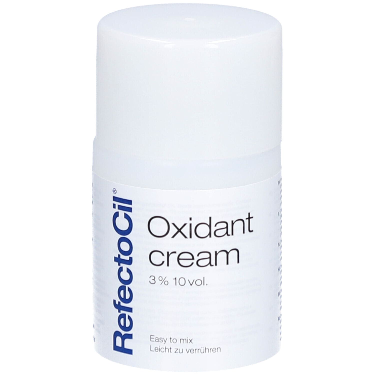 Witte fles met productnaam. Tekst: Oxidant cream 3% 10 vol. Logo RefectoCil.