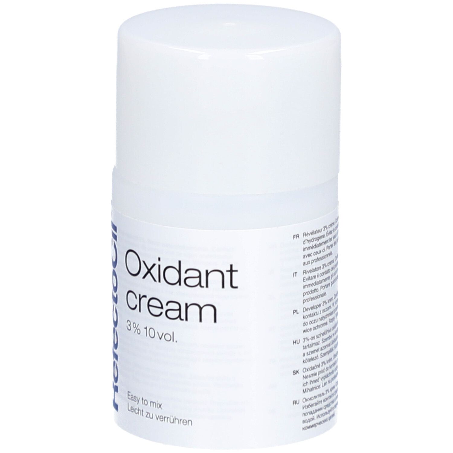 Witte fles met productnaam. Tekst: Oxidant cream 3% 10 vol. Logo RefectoCil.
