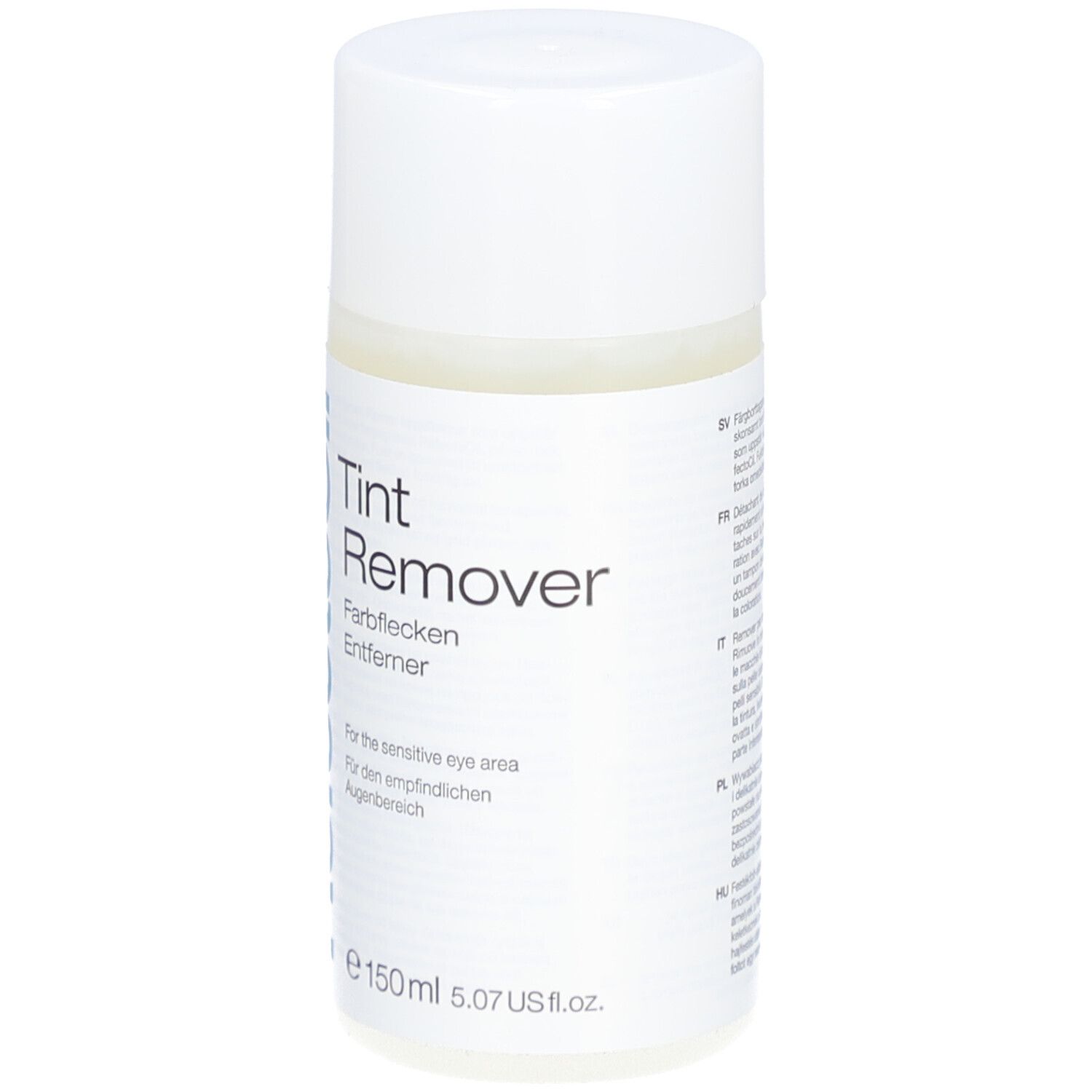 Flacon blanc avec étiquette bleue. Texte: Tint Remover, Farbfleckenentferner. Pour zone sensible des yeux. 150ml.