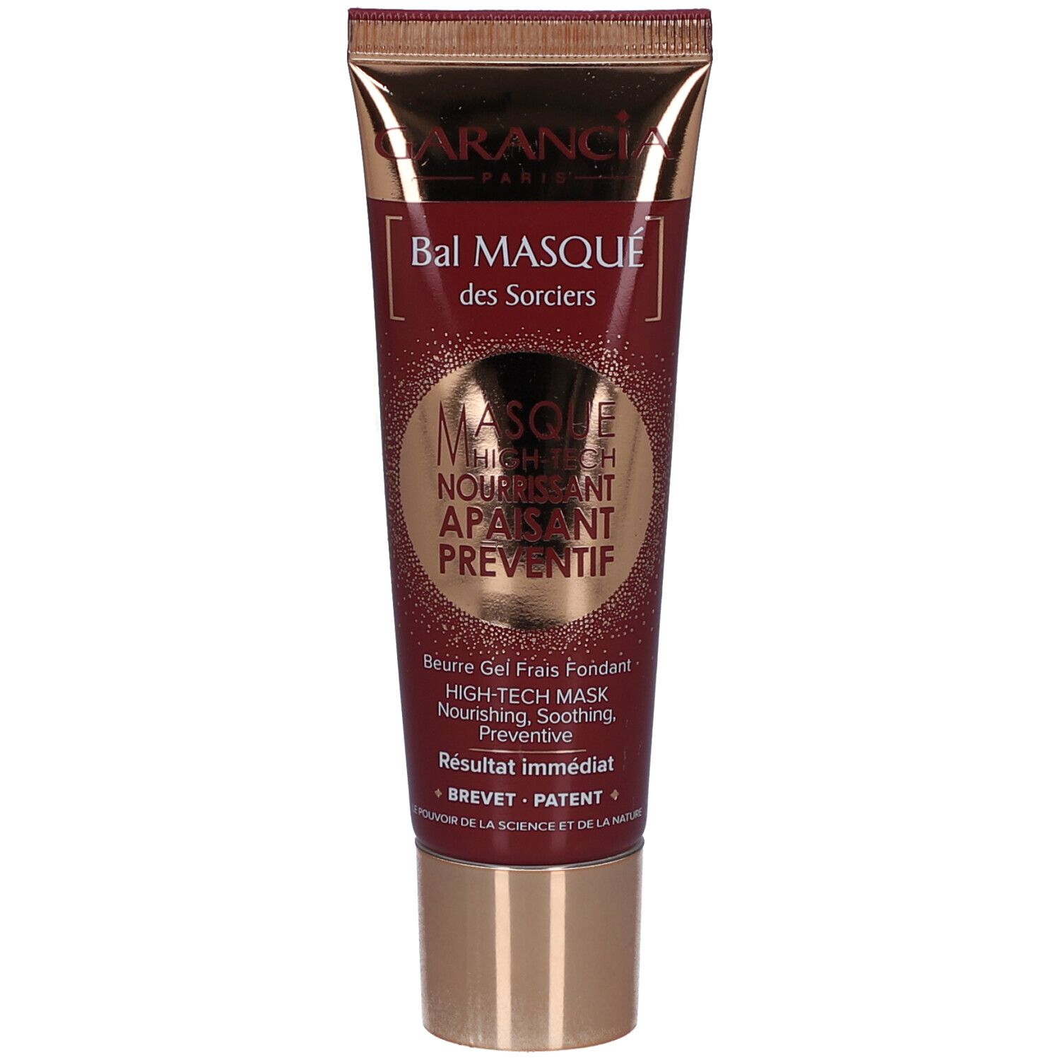Tube met gouden dop. Opschrift: GARANCIA PARIS, Bal Masqué des Sorciers, Masque Nourrissant Apaisant Préventif.