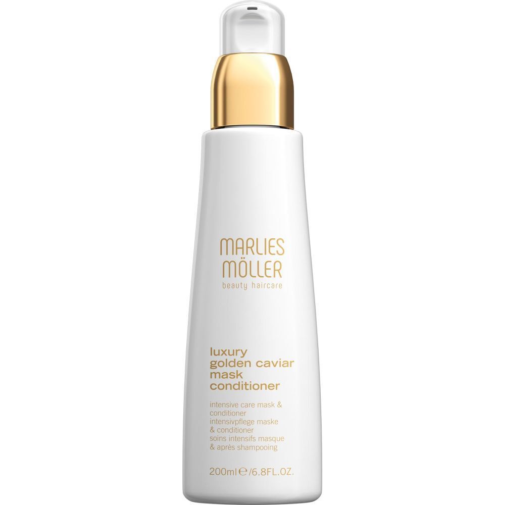 Witte fles met gouden dop. Opschrift: Marlies Möller, Luxury Golden Caviar Mask Conditioner.