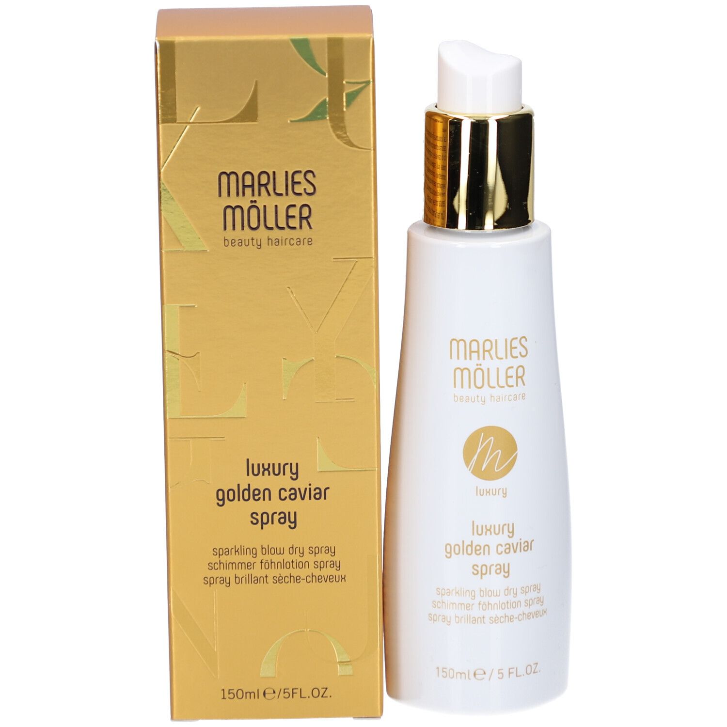 Emballage doré avec spray blanc. Inscription: Marlies Möller, Luxury Golden Caviar Spray. 150ml/5 FL.OZ.