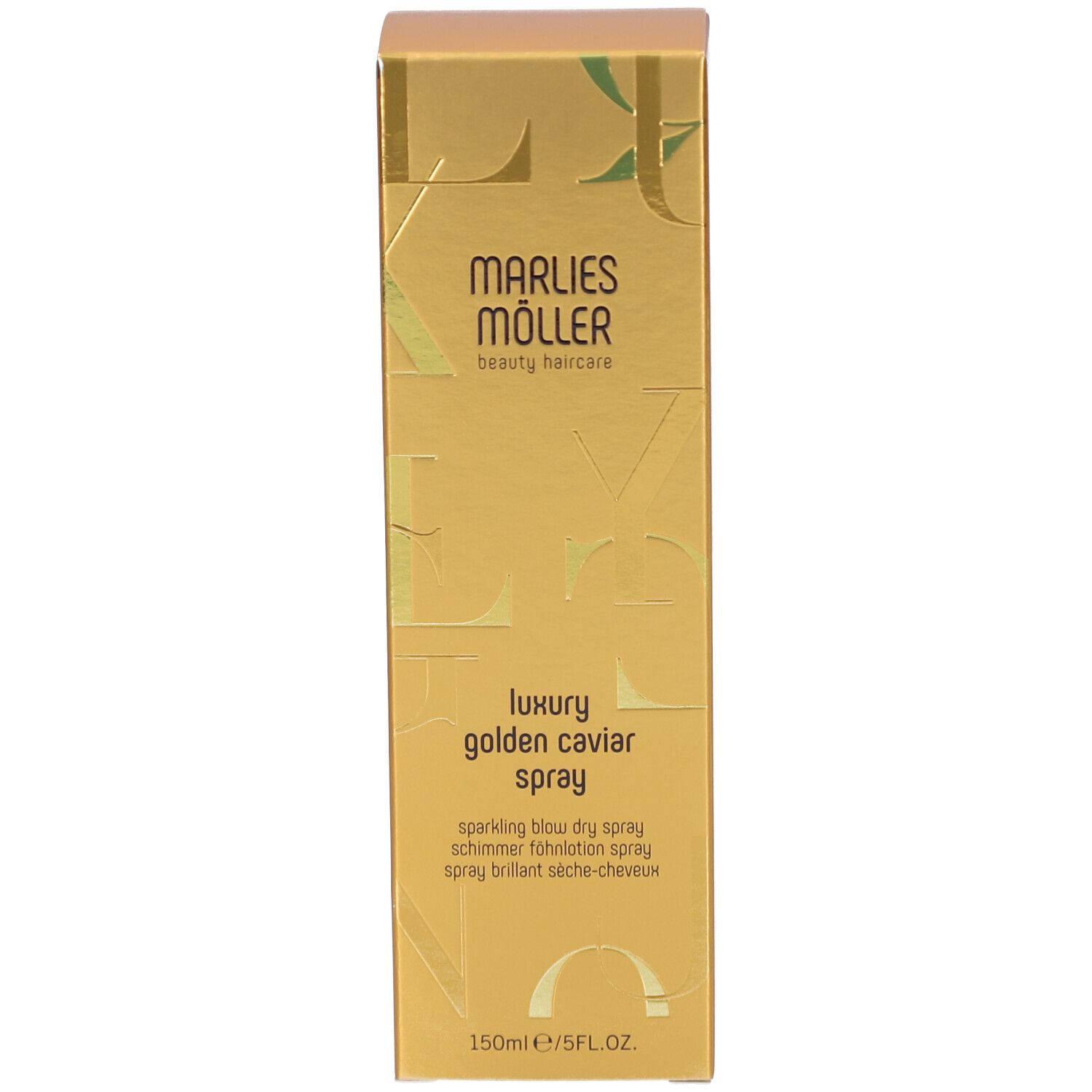 Emballage doré. Inscription: Marlies Möller, Luxury Golden Caviar Spray. 150ml/5 FL.OZ.