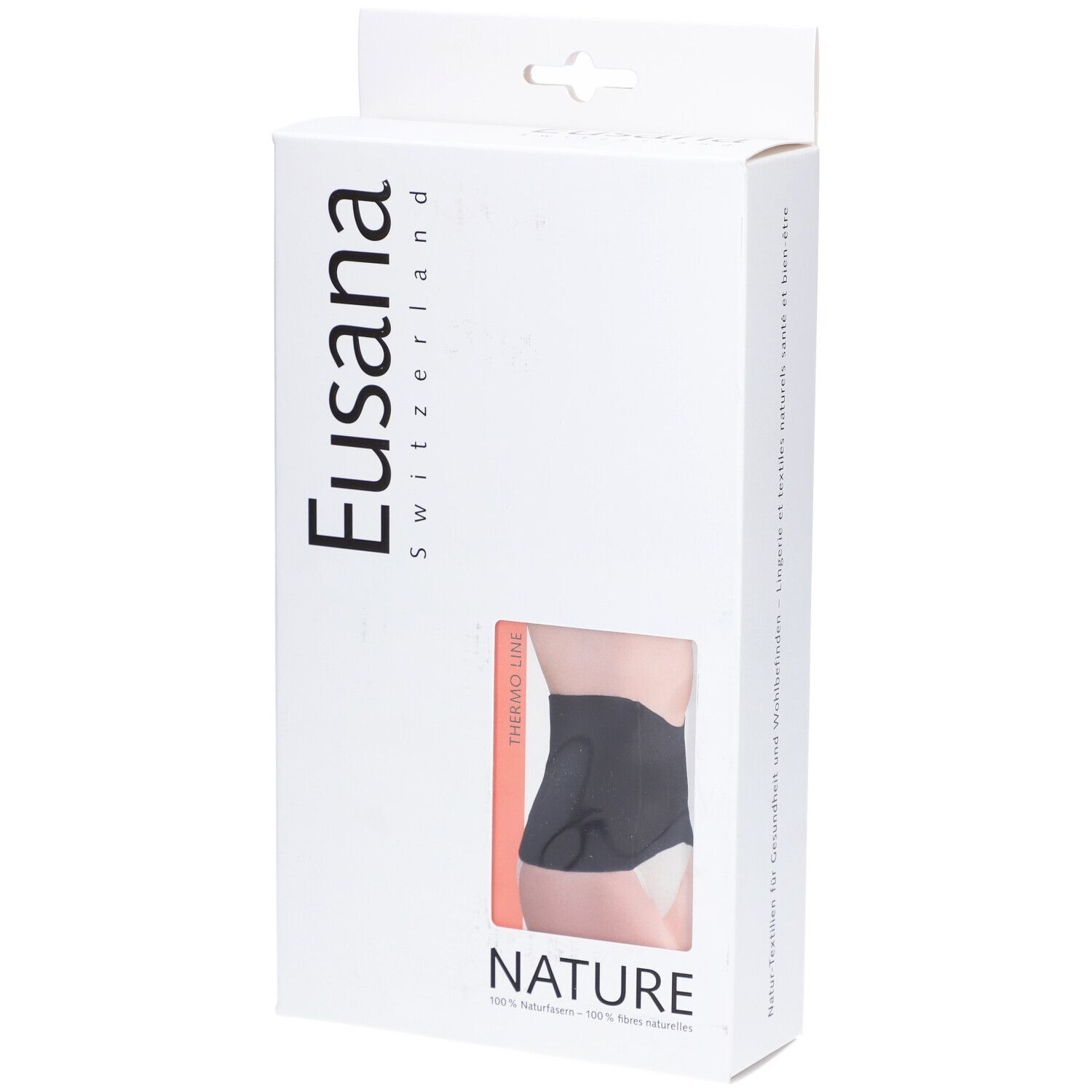 Emballage avec image du produit. Marque Eusana, texte NATURE. Fenêtre montrant une ceinture rénale noire. Texte: Thermo Line.