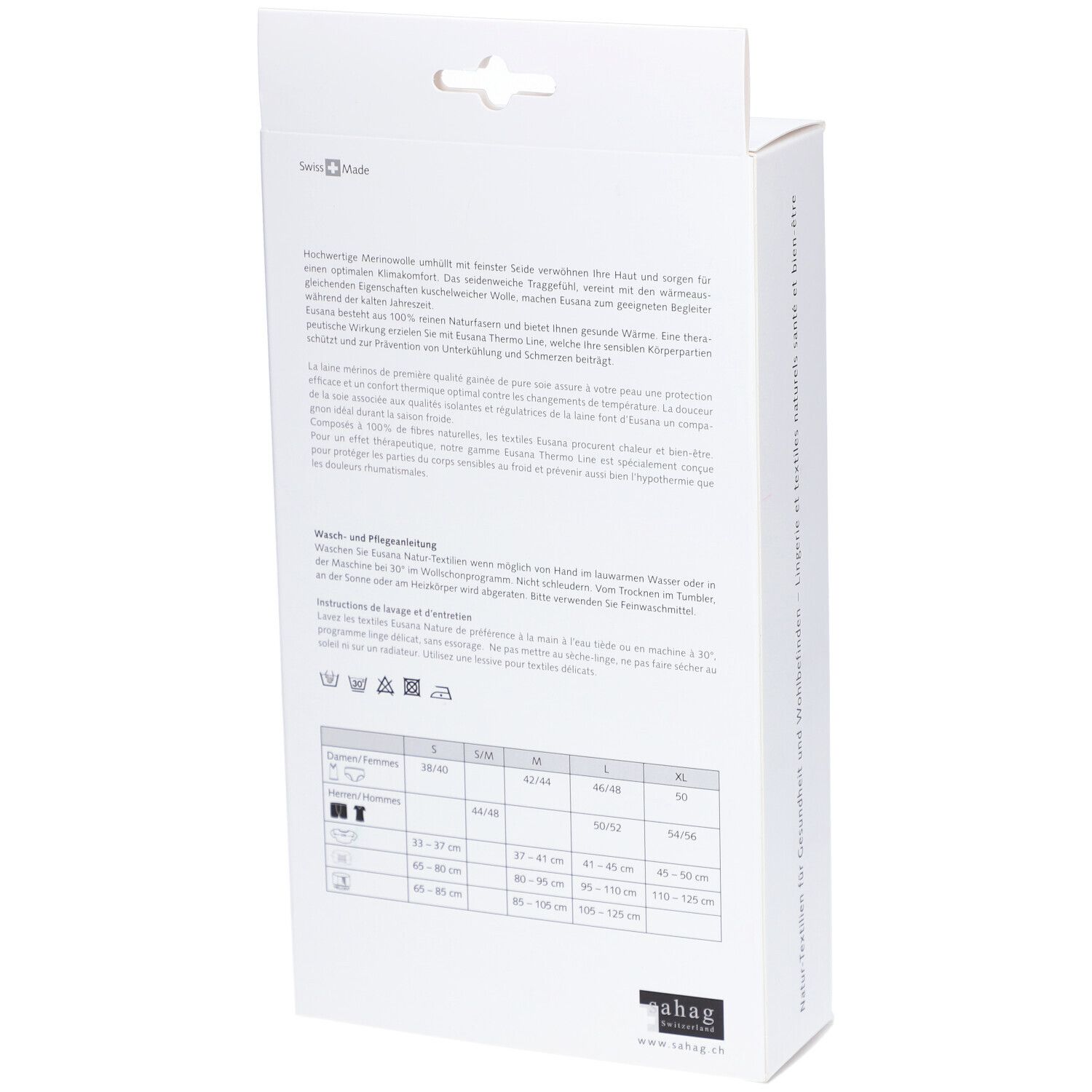 Dos de l'emballage. Texte en plusieurs langues. Tableau des tailles avec mesures. Instructions de lavage et d'entretien.