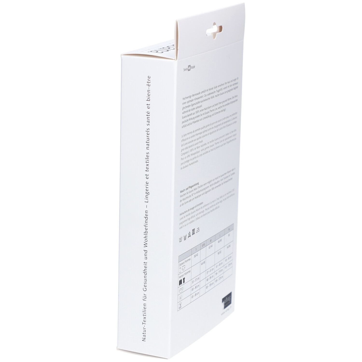 Emballage en biais. Texte en plusieurs langues. Tableau des tailles avec mesures. Instructions de lavage et d'entretien.