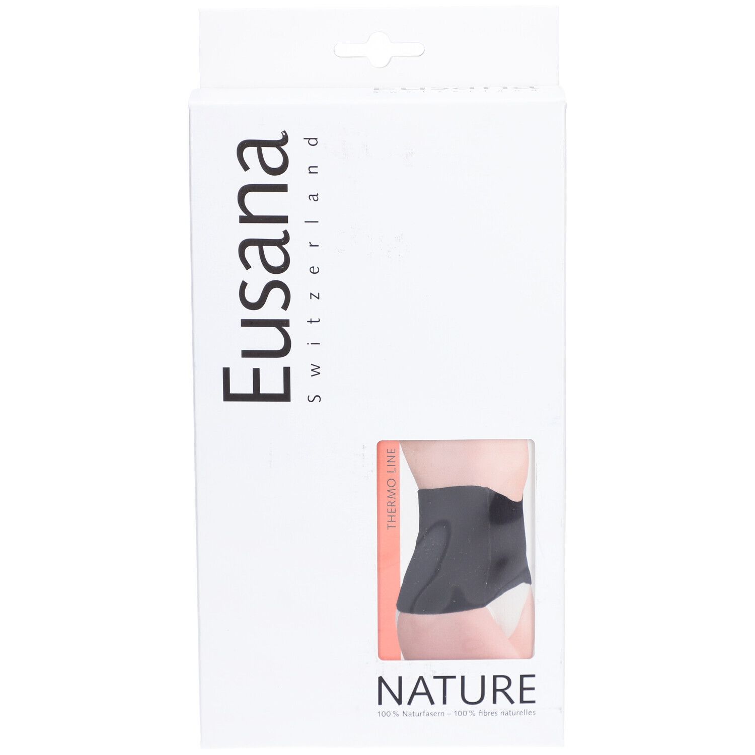 Emballage avec image du produit. Marque Eusana, texte NATURE. Fenêtre montrant une ceinture rénale noire. Texte: Thermo Line.