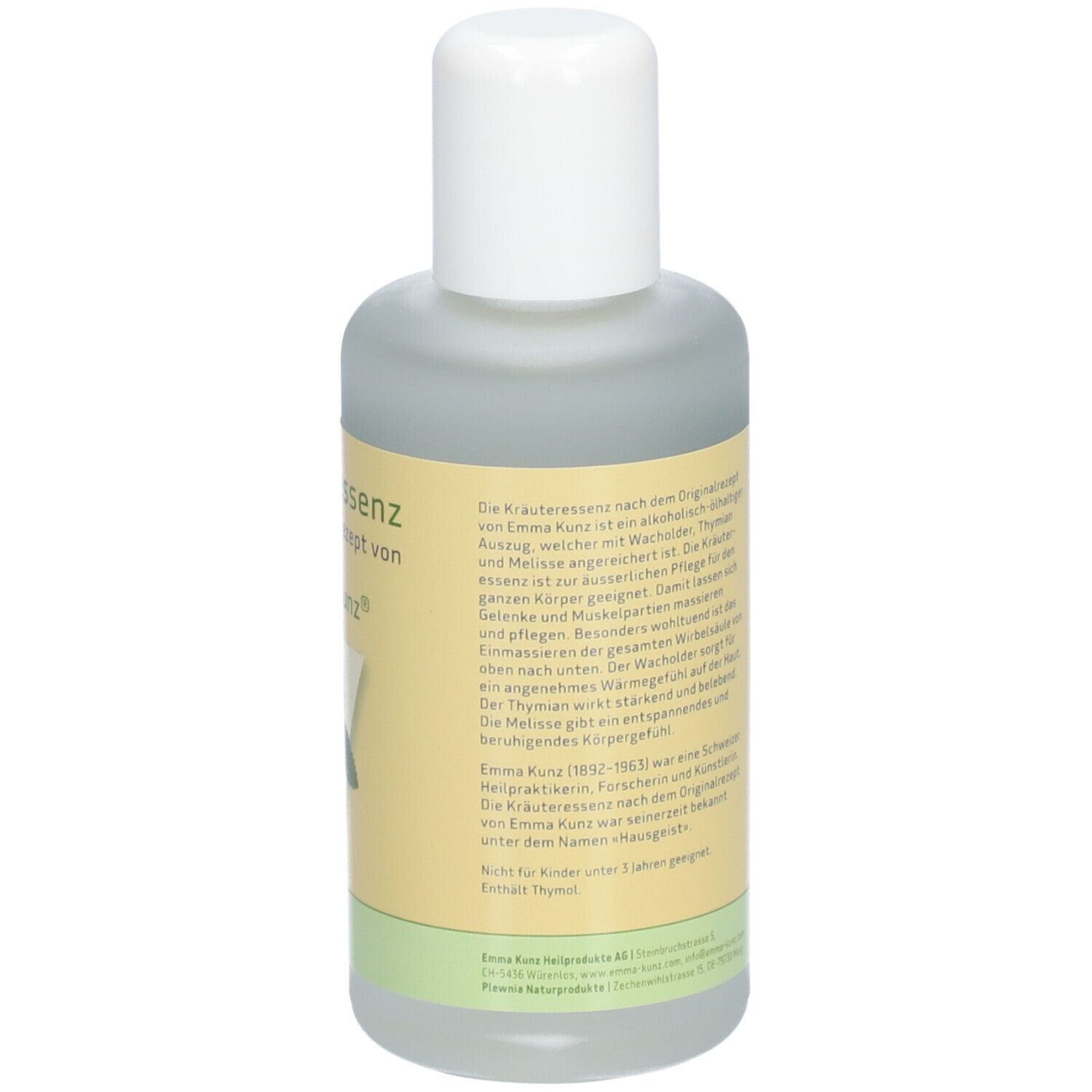 Flacon d'essence végétale. Dos avec texte. Bouchon blanc, étiquette jaune, base verte.