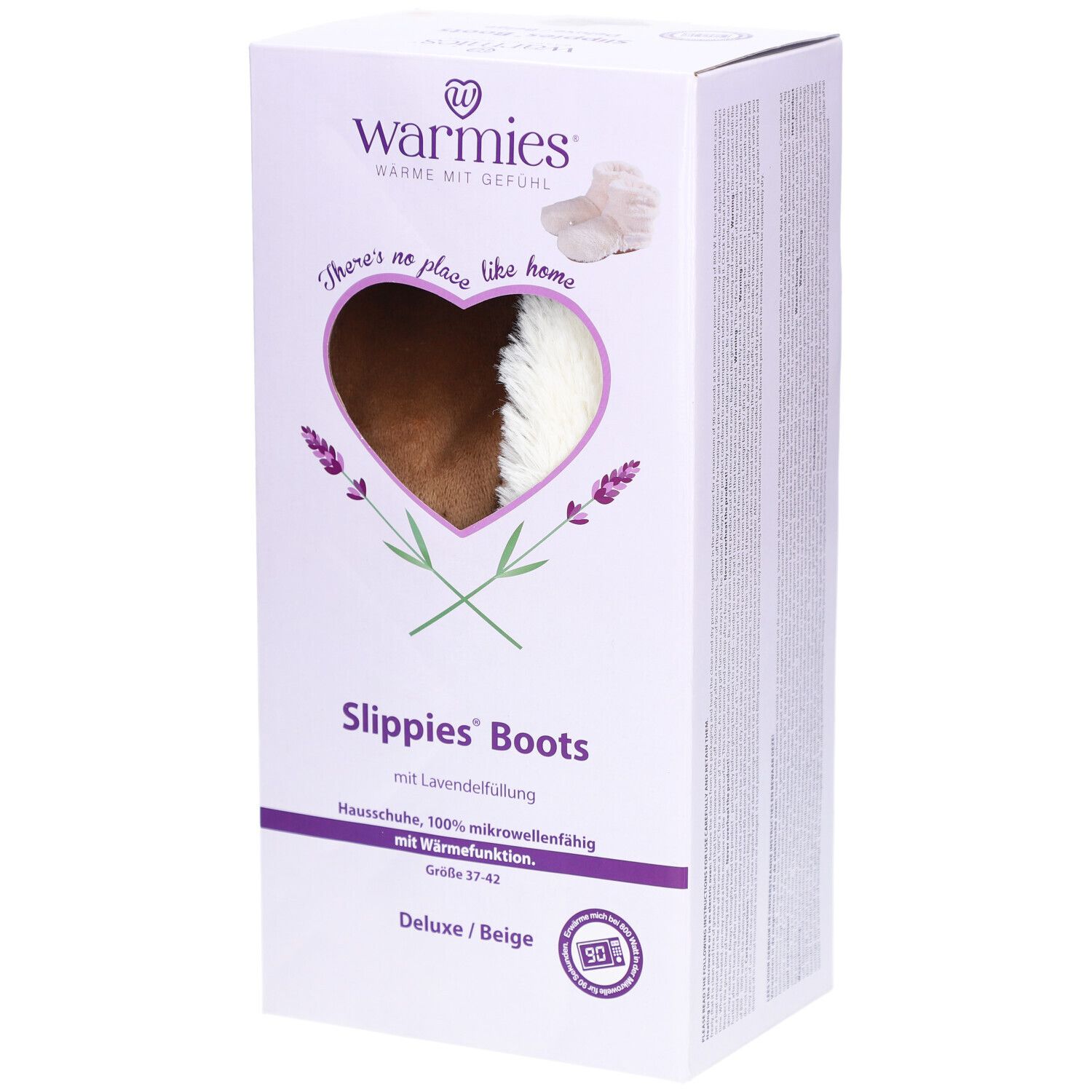 Boîte de Warmies Slippies Boots. Fenêtre en forme de cœur avec botte visible, nom du produit, taille 37-42.
