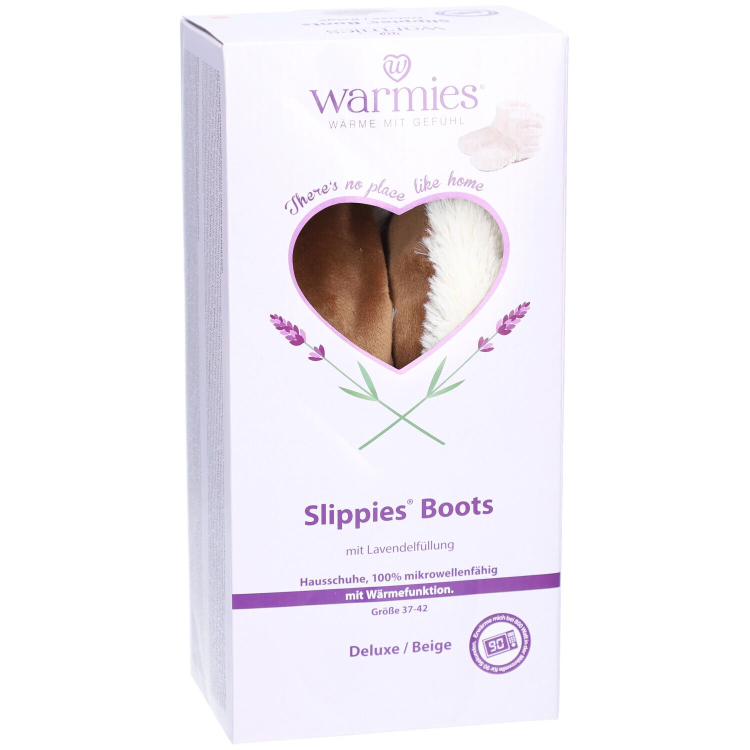 Boîte Warmies Slippies Boots. Fenêtre en forme de cœur avec botte, nom du produit, taille 37-42.