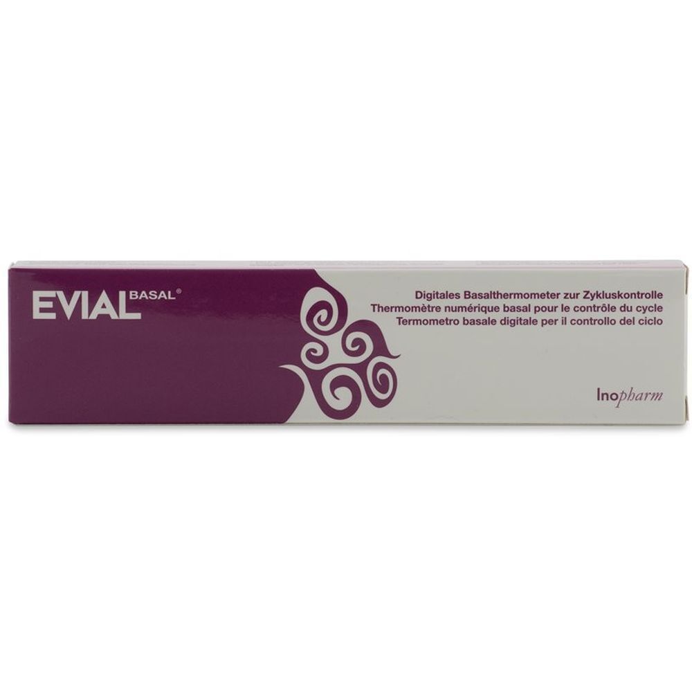 Emballage du thermomètre basal numérique Evial. Blanc et violet, avec nom du produit et texte en plusieurs langues.