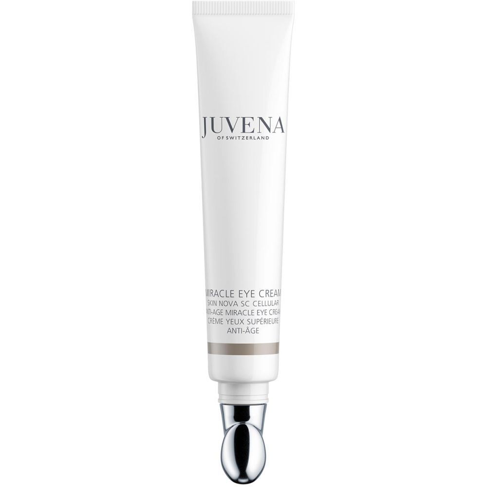 Witte tube met zilveren applicator. Opschrift: JUVENA, Miracle Eye Cream. Anti-Age.
